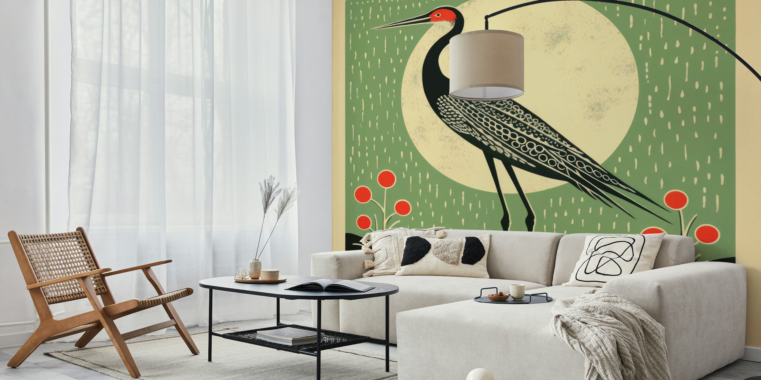 Crane bird with vibrant red accents against green background wallpaper