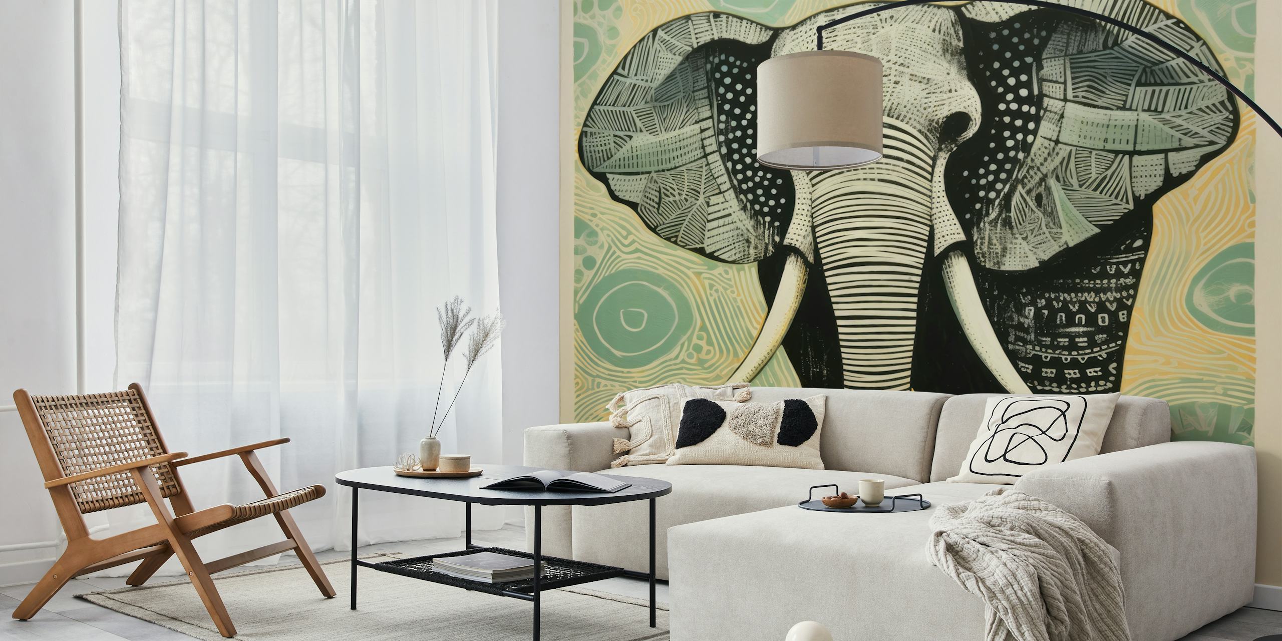 Folk Art Elephant wallpaper in a room setting