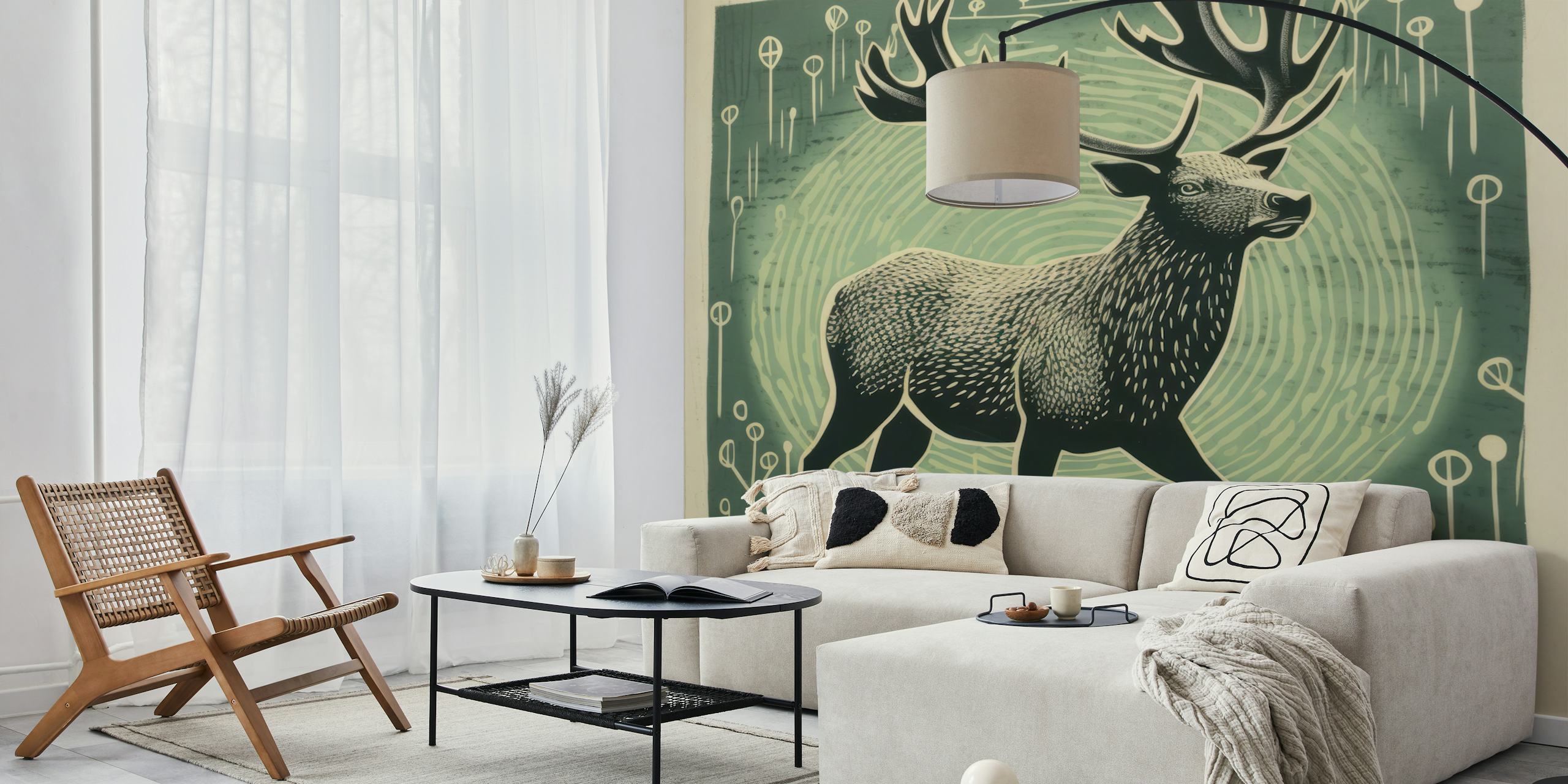 Tapeta Folk Art Elk vystavená v místnosti