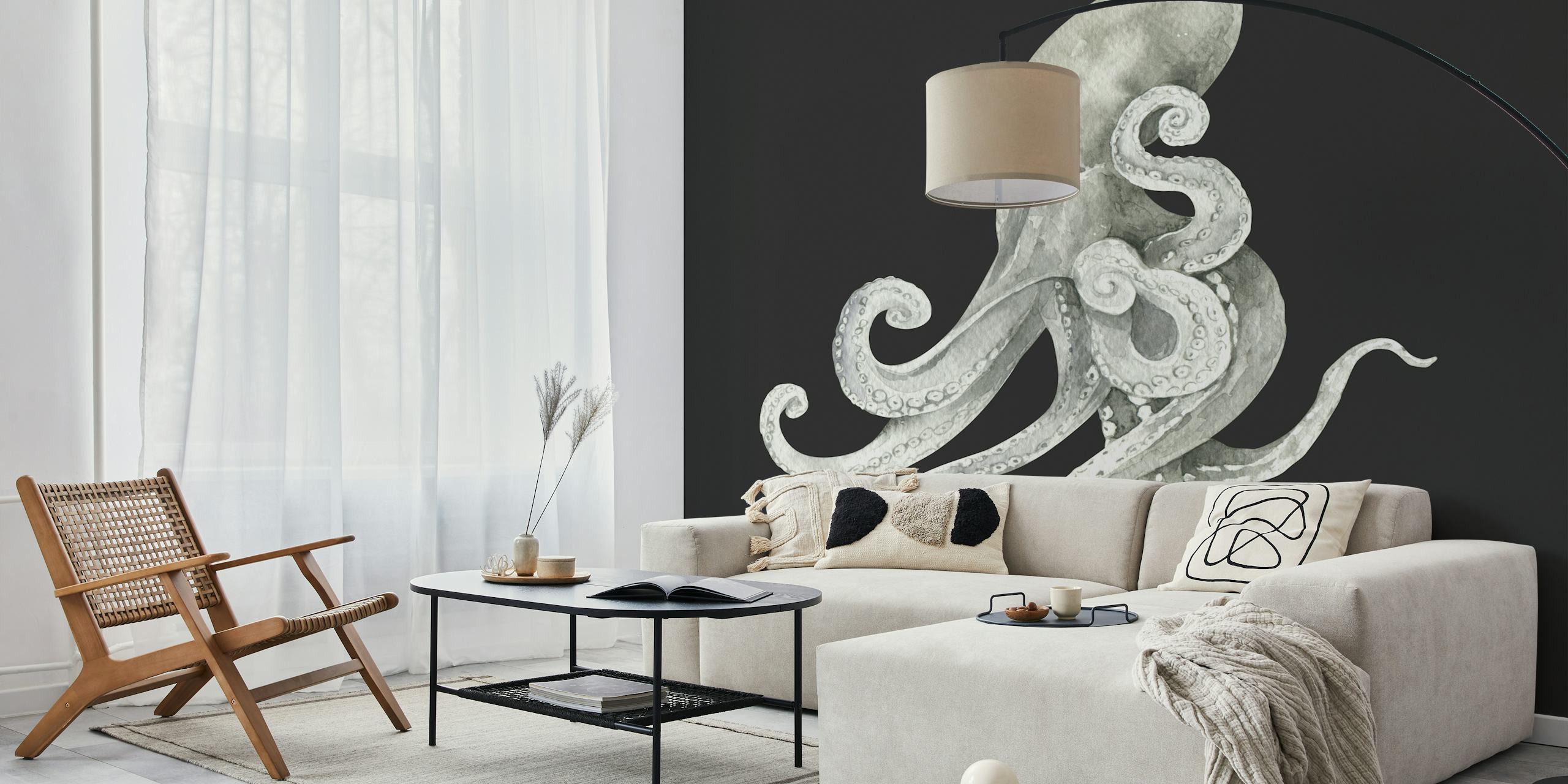 Realistic deep sea octopus design on a dark background wallpaper