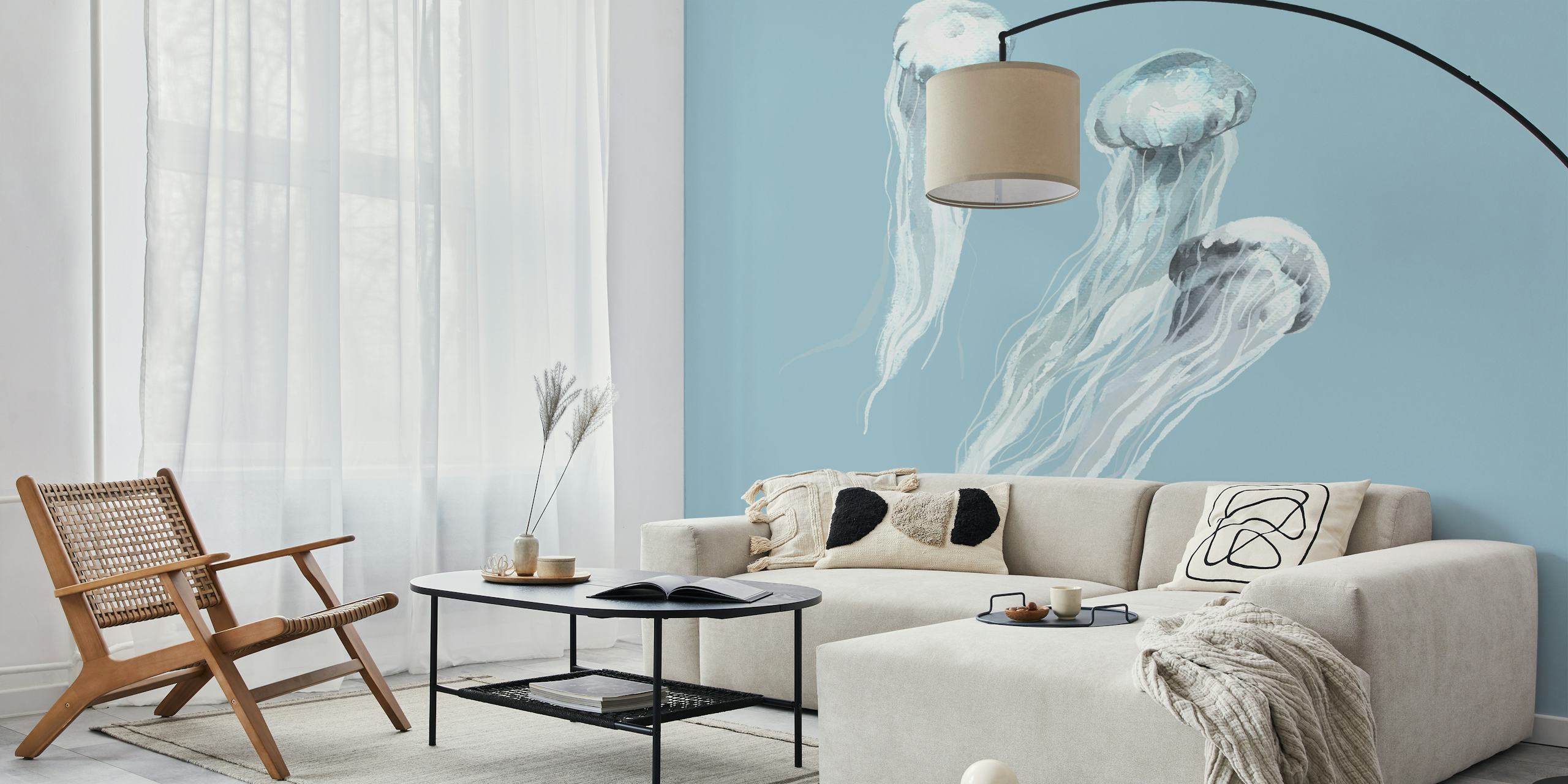 Papier peint Light Blue Jellyfish Trio dans une pièce