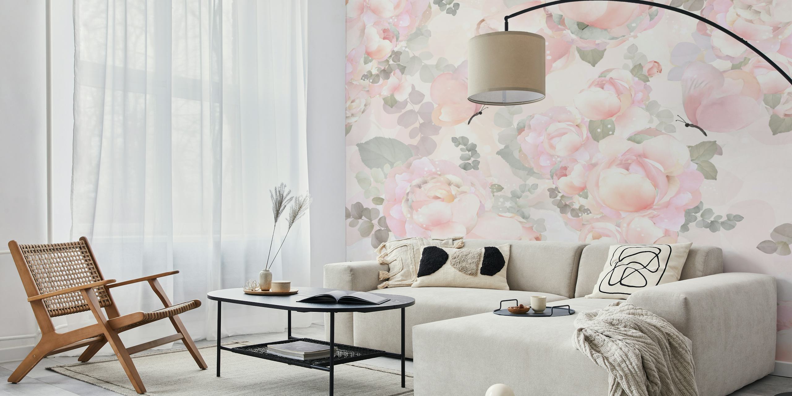 Bloemenbehang met zachte rozen en vlinders