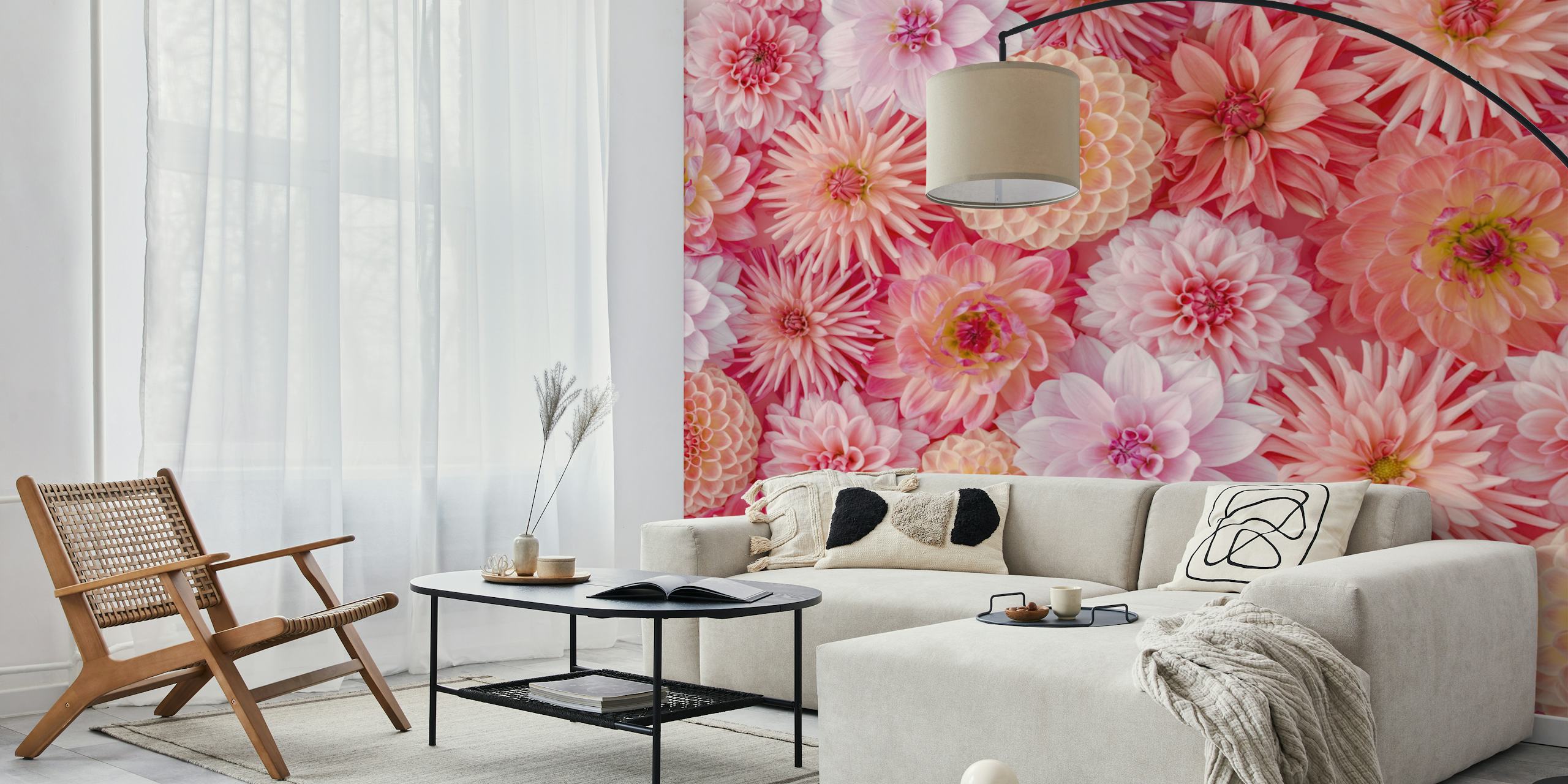 Floral wallpaper design featuring dahlias in pink tones