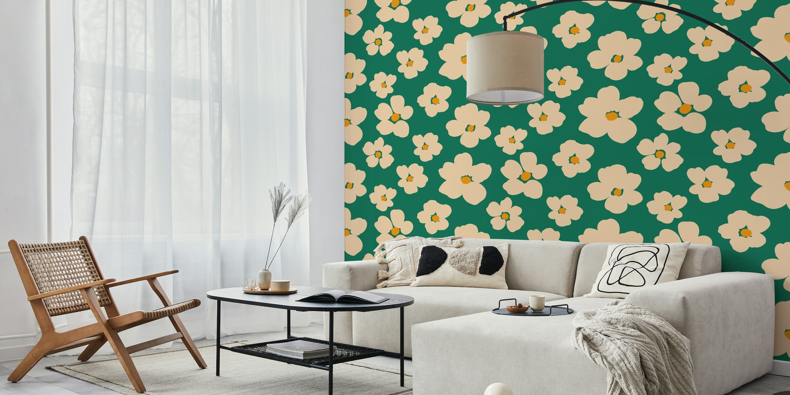 Vintage floral pattern wall mural named Kelly with emerald green background and pale yellow flowers