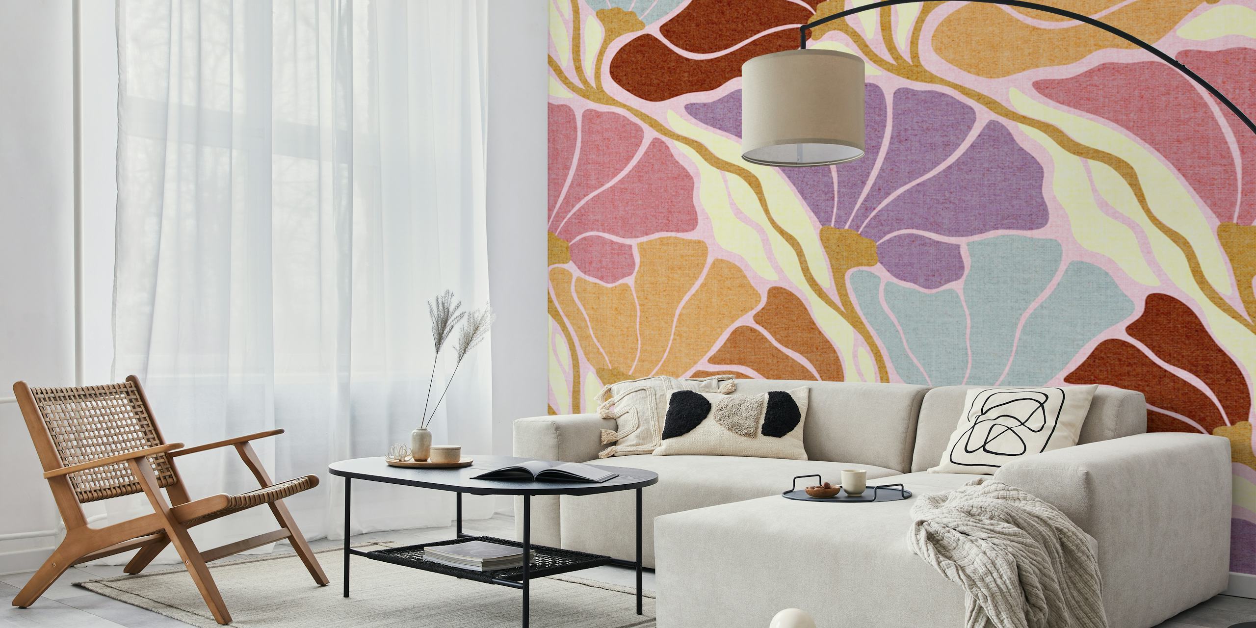 Colorful Art Nouveau floral pattern in ochre pink tones wallpaper