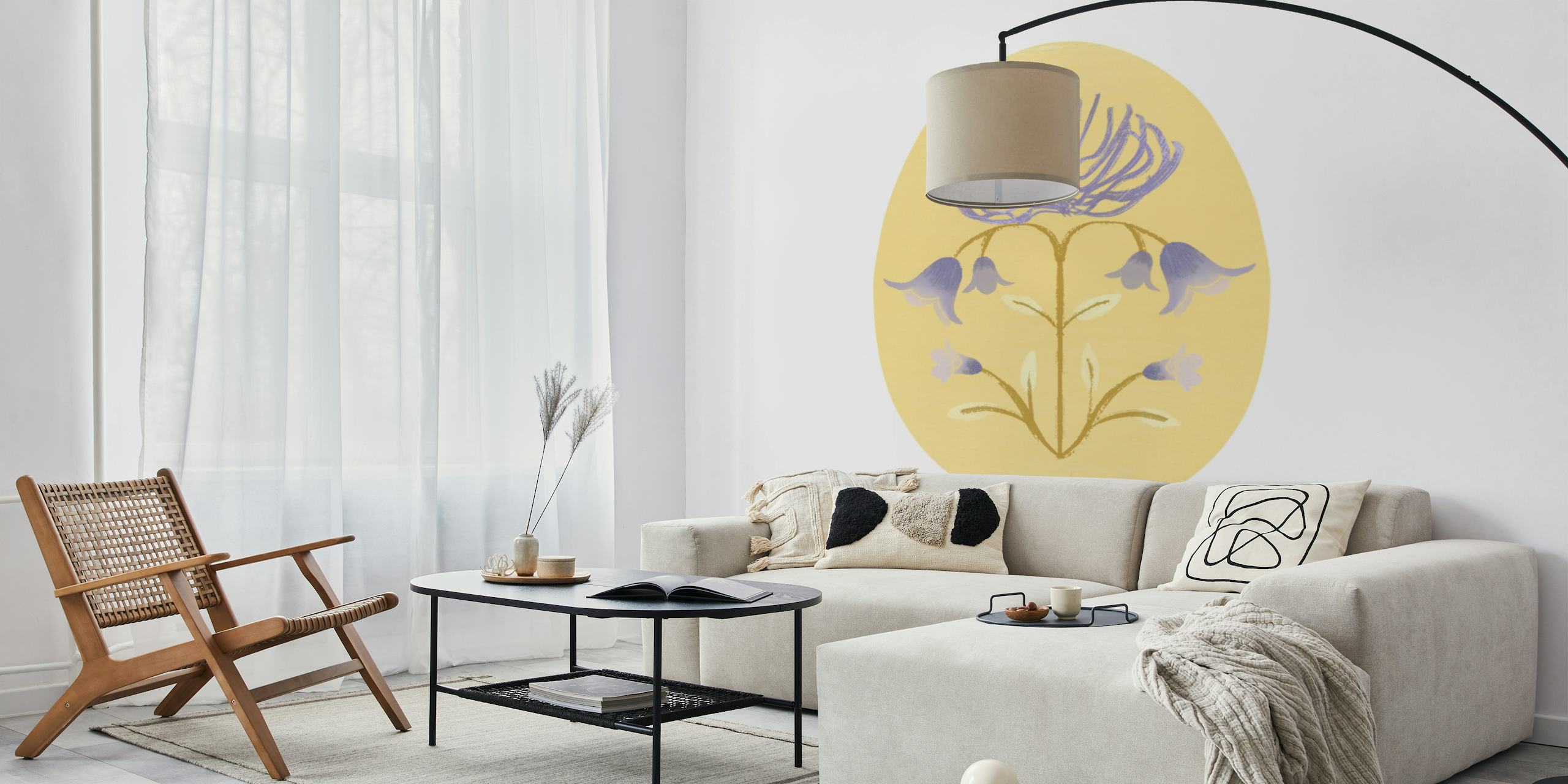 Yellow floral wall mural with elegant purple design