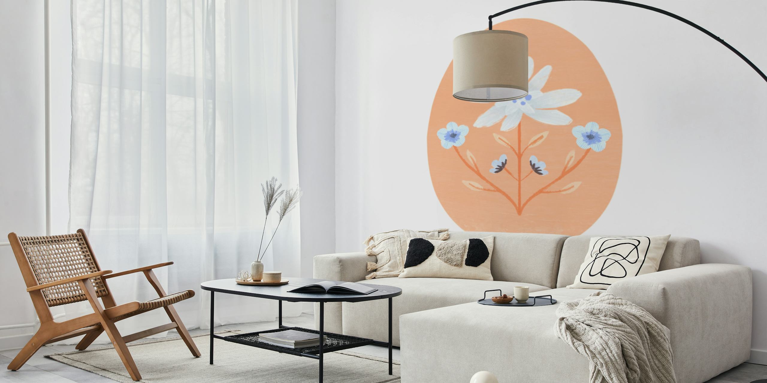 Peach floral design with white and blue flowers wallpaper