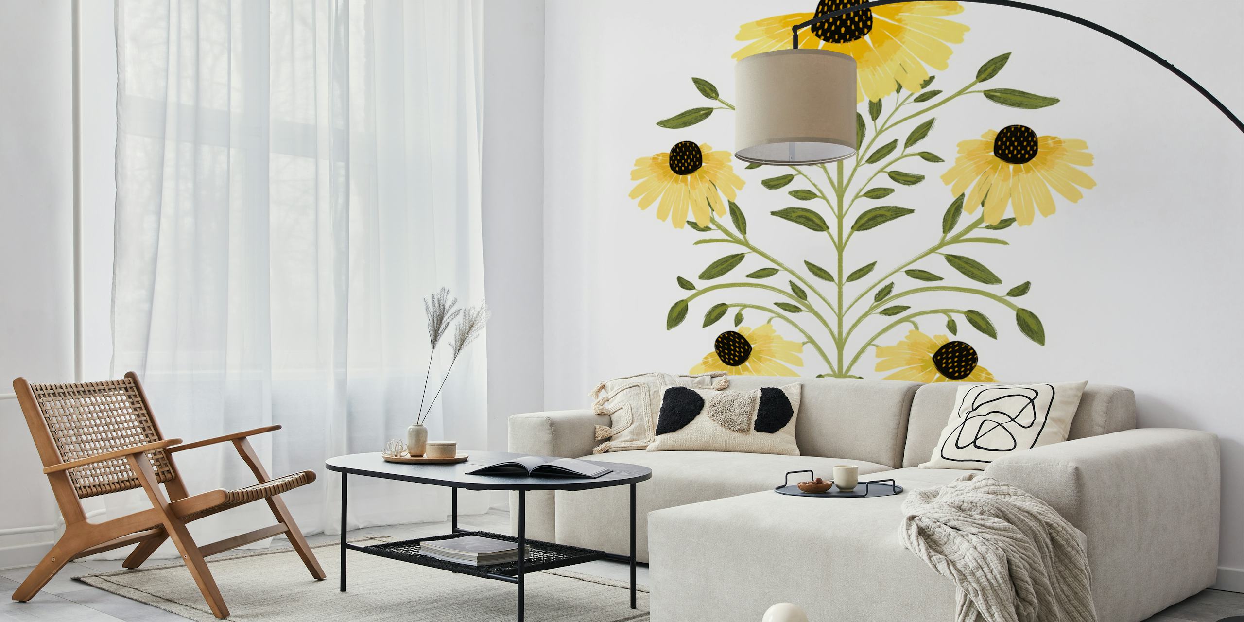 Yellow floral design wallpaper with green leaves