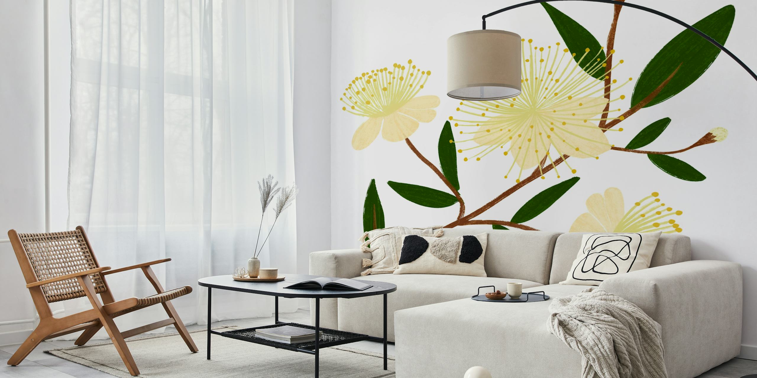 Yellow floral pattern with green leaves wallpaper