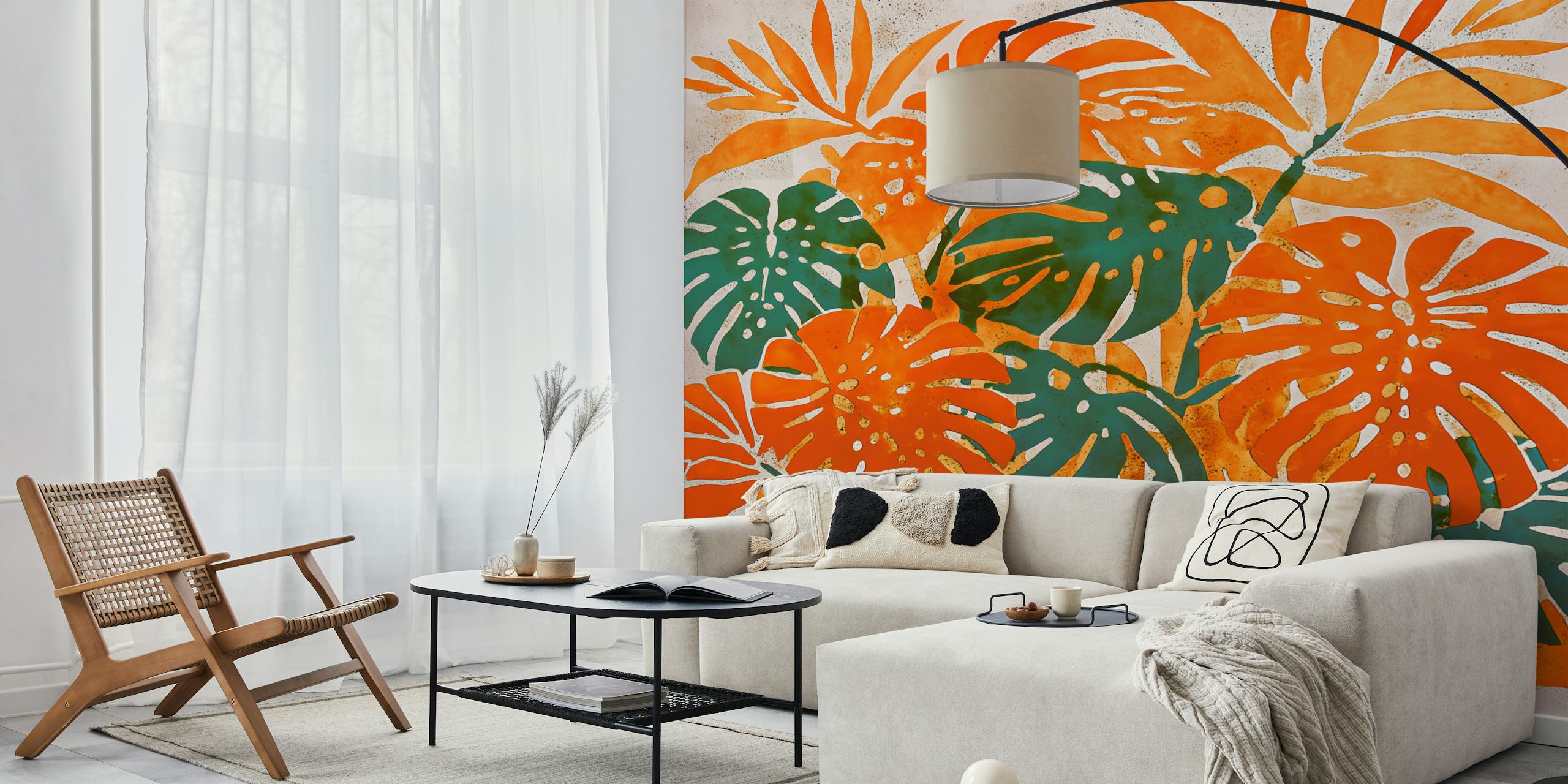 Tropical green and orange leaves on textured background wallpaper