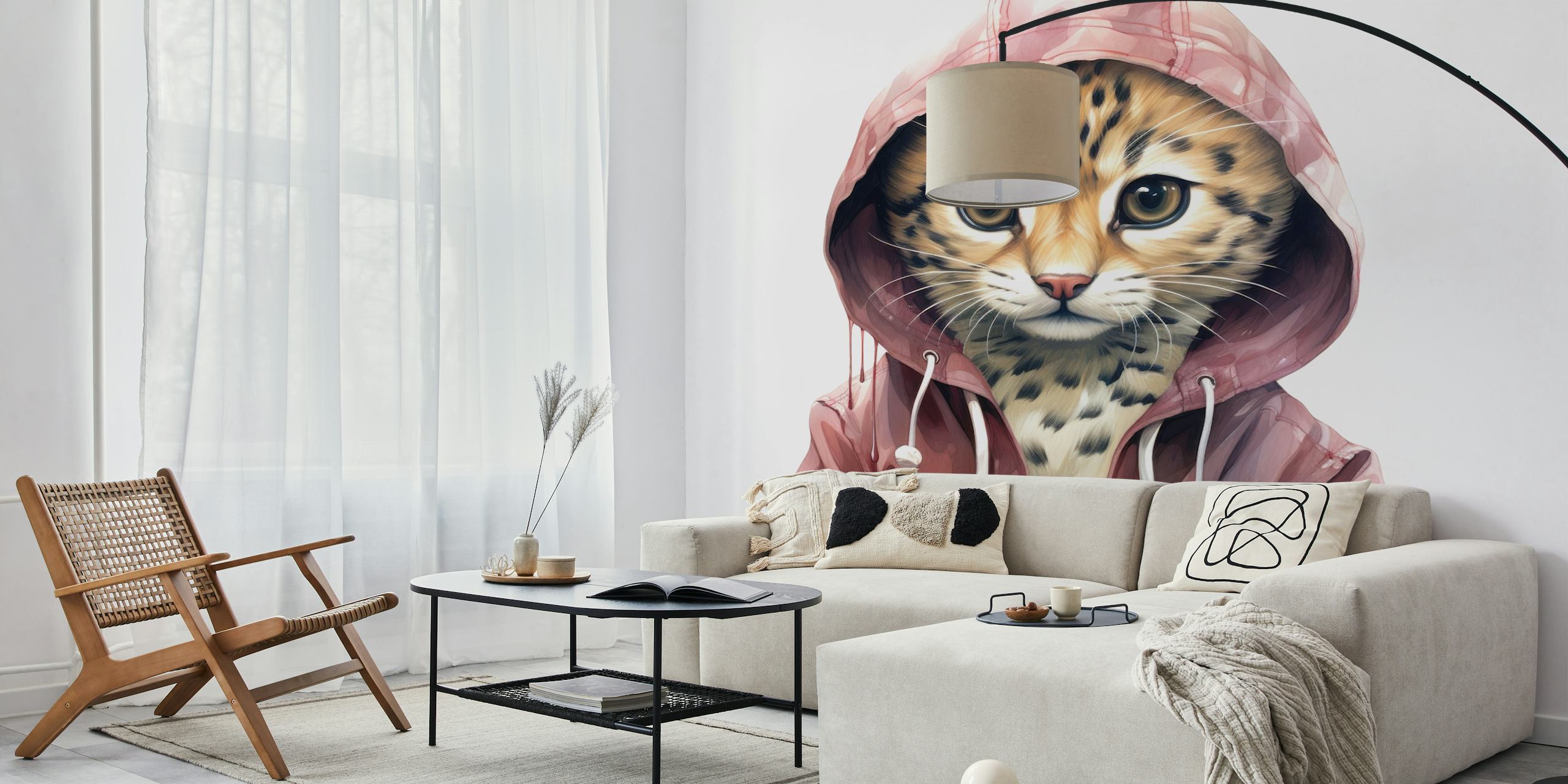 Cartoon ocelot in a pink hoodie wallpaper