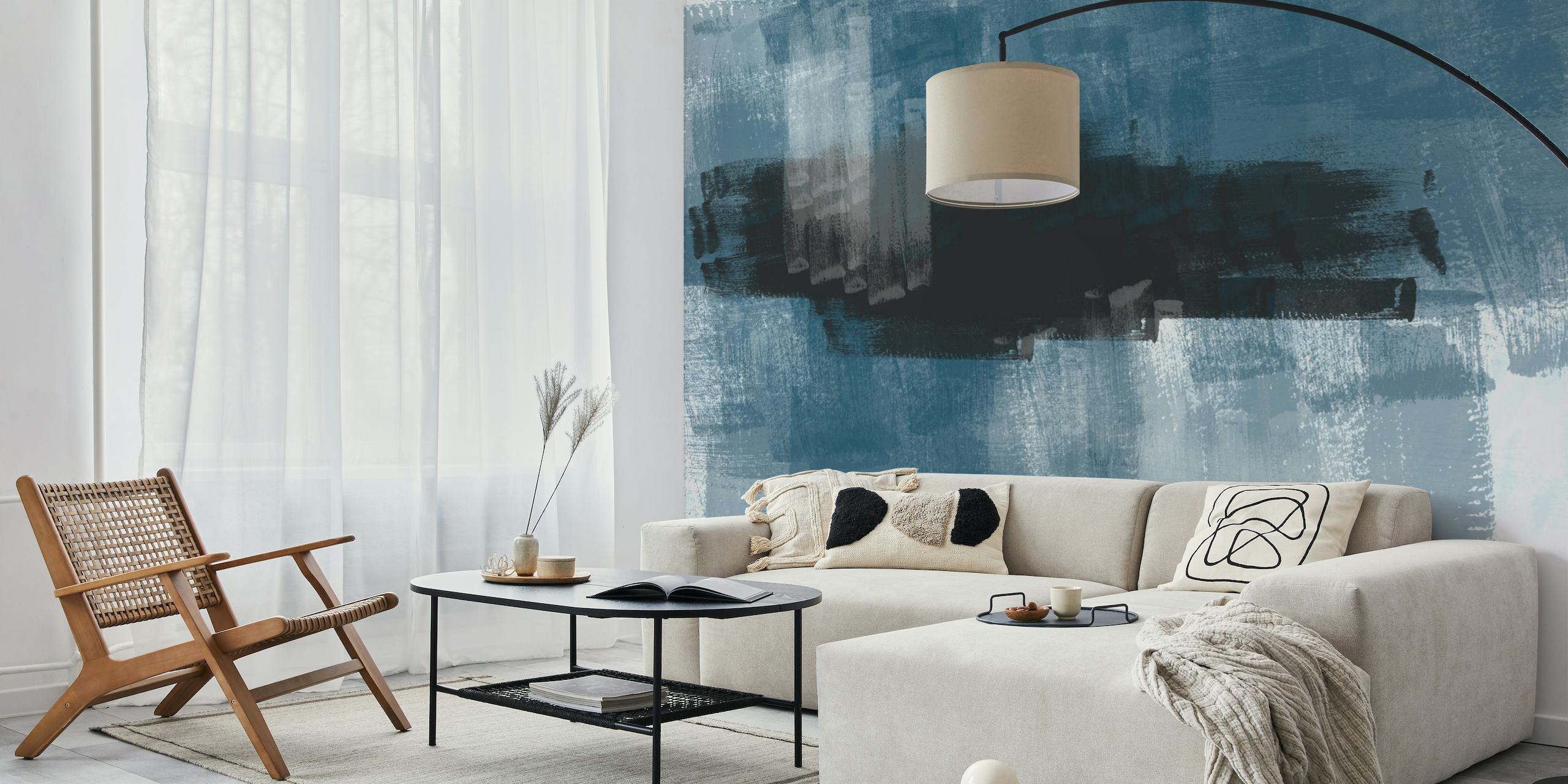 Abstract Art wall mural with navy, icy blue, black, and white strokes