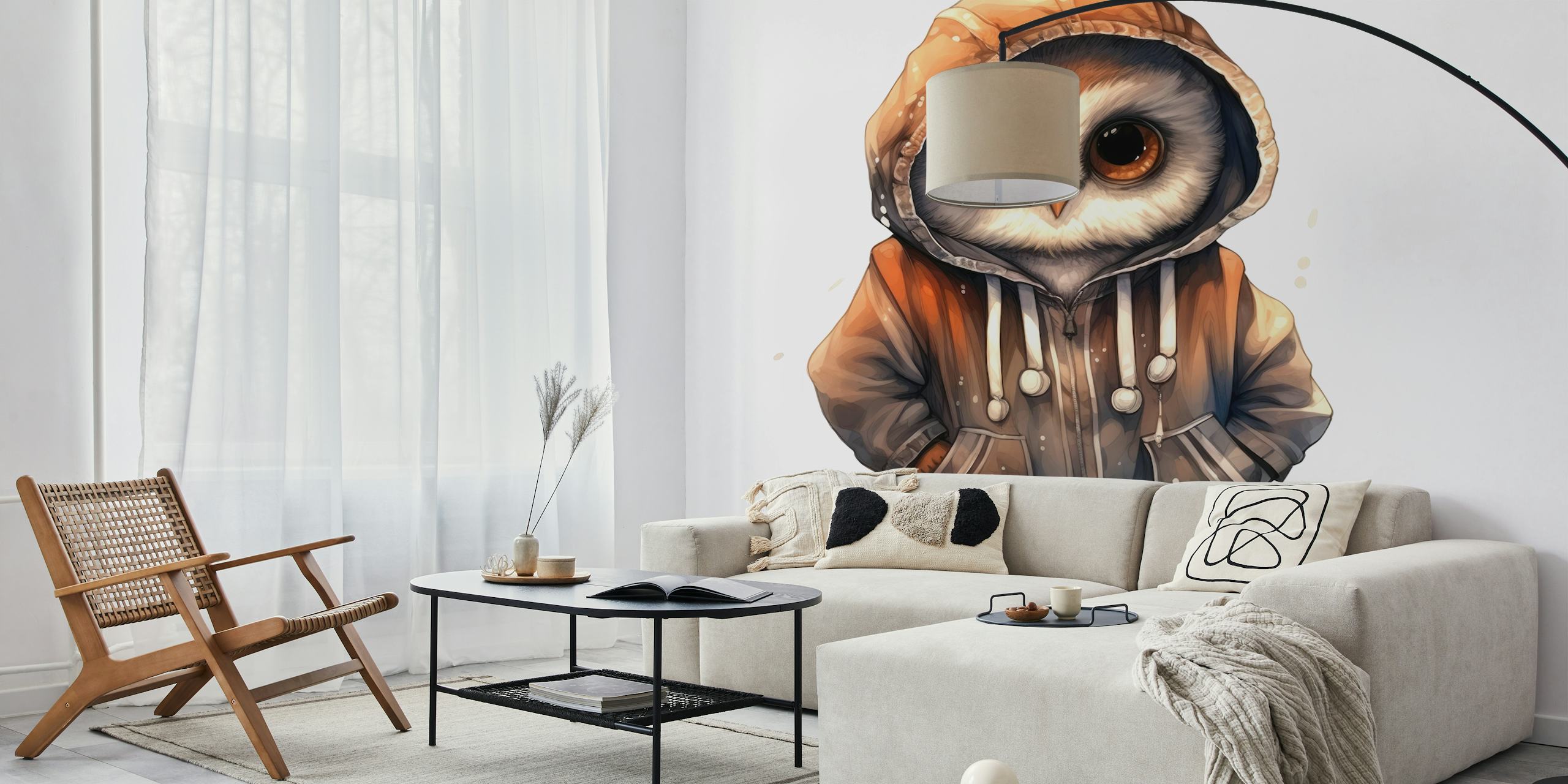 Tapete mit Watercolor Cartoon Owl in a Hoodie