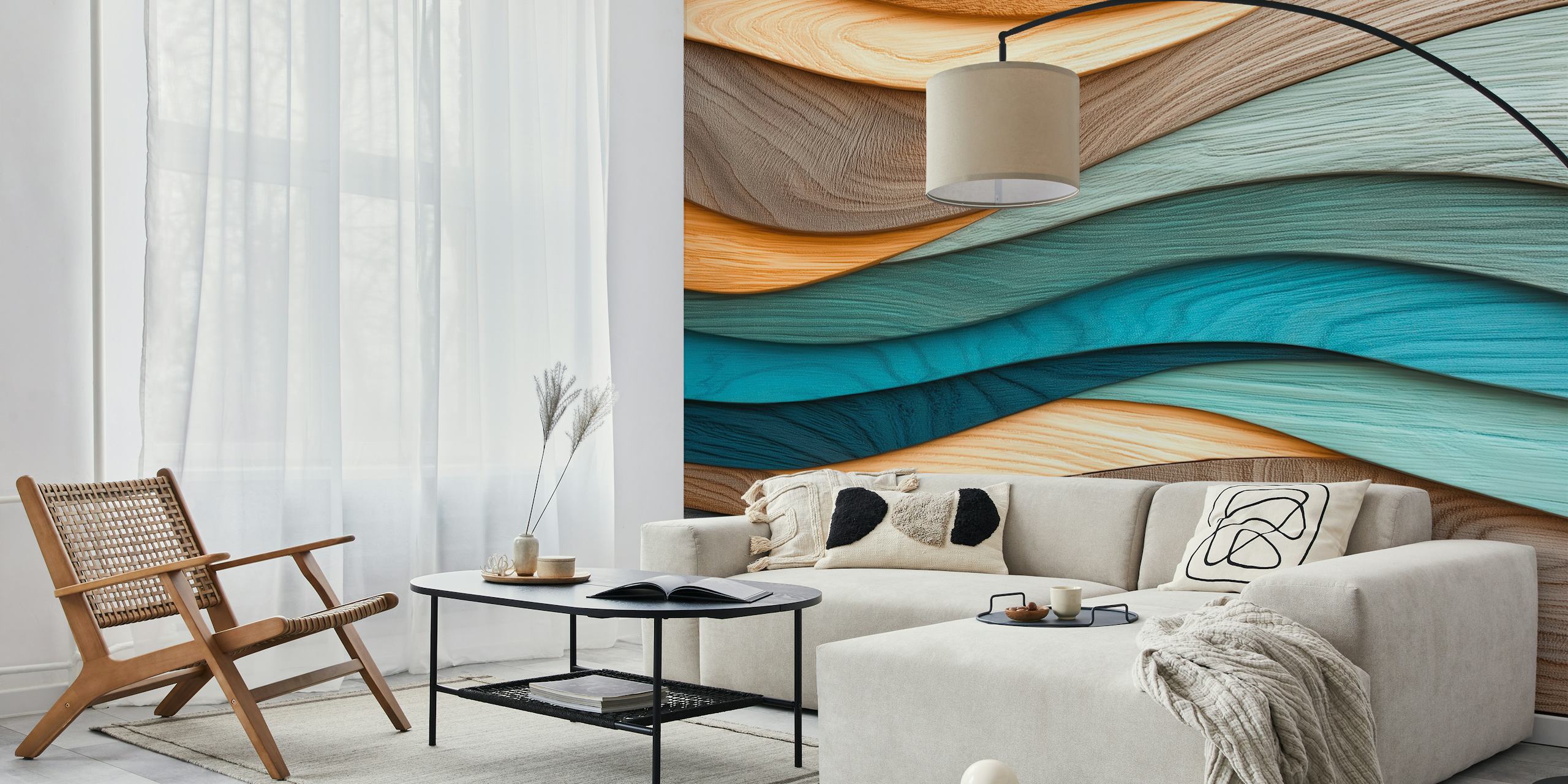Wavy wood grain in various shades of brown and blue wallpaper