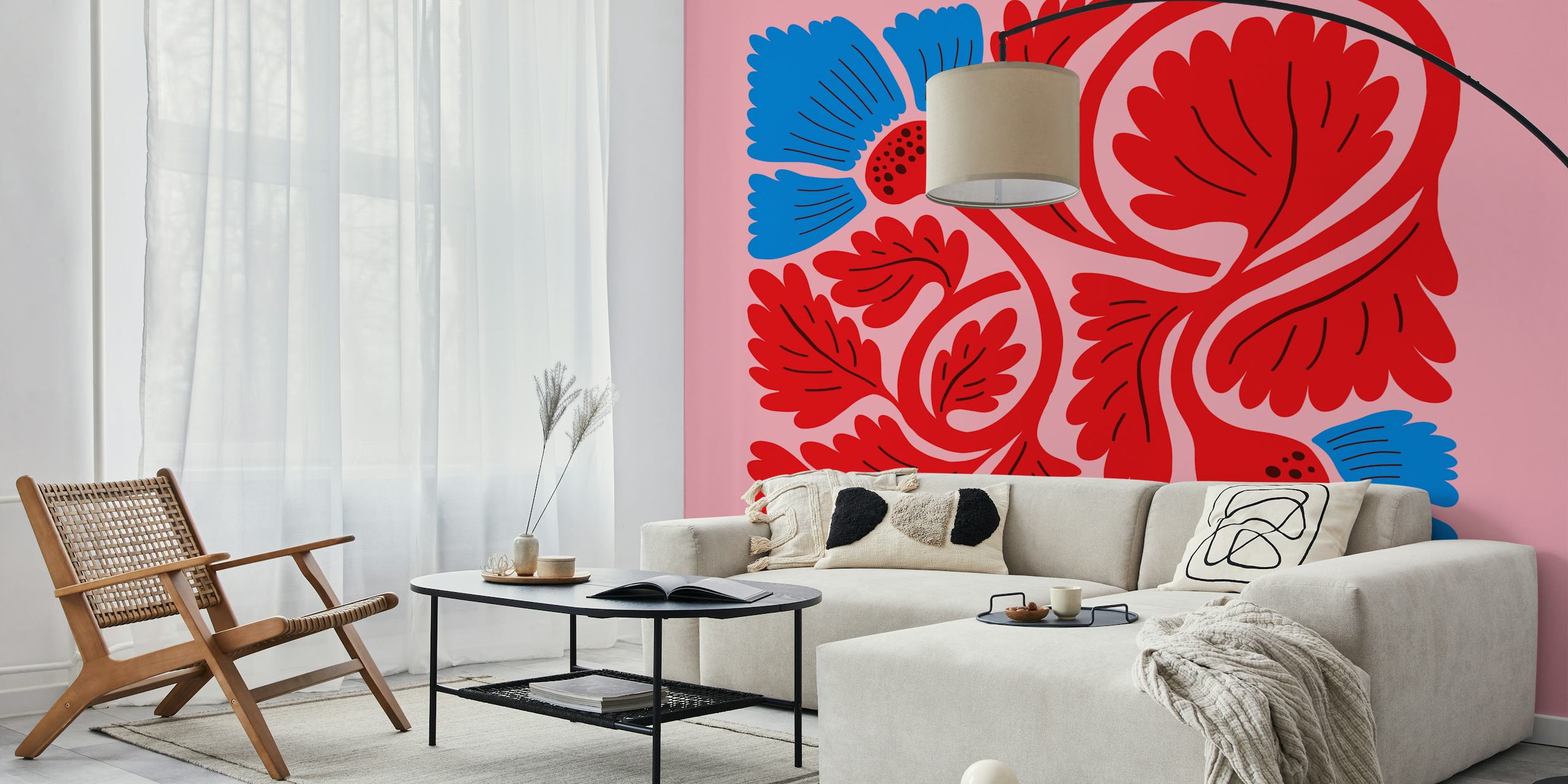Bold floral design with red and blue flowers on pink background wallpaper