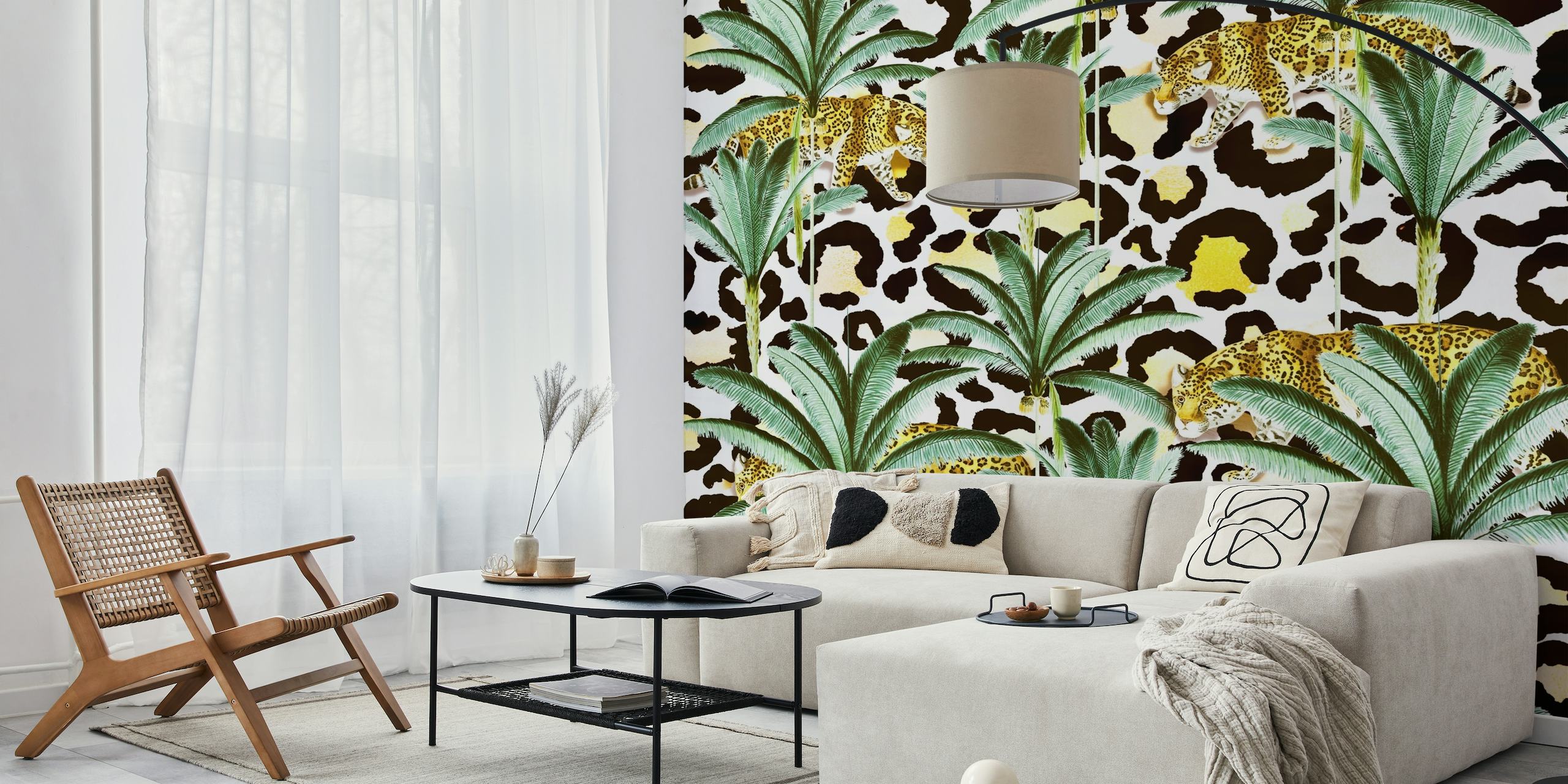 Jungle Prowl wall mural with leopard print and palm leaves