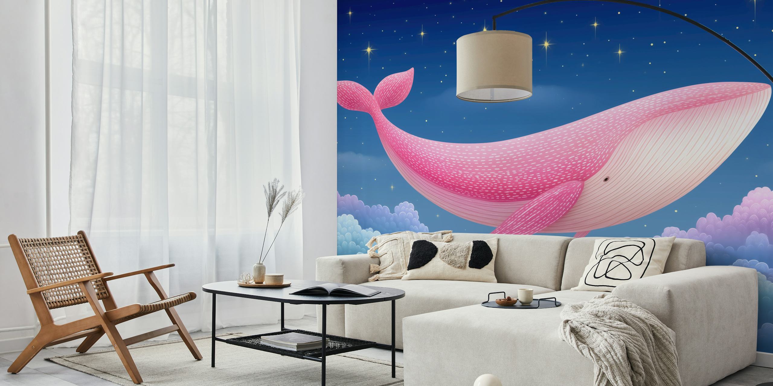 Dreamy Pink Whale Voyage wallpaper in a room