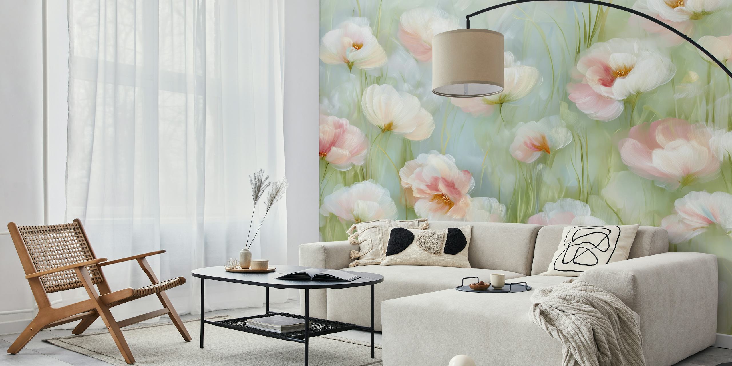 Soft Bloom Poppy Flower Field Tapete in einem Raum
