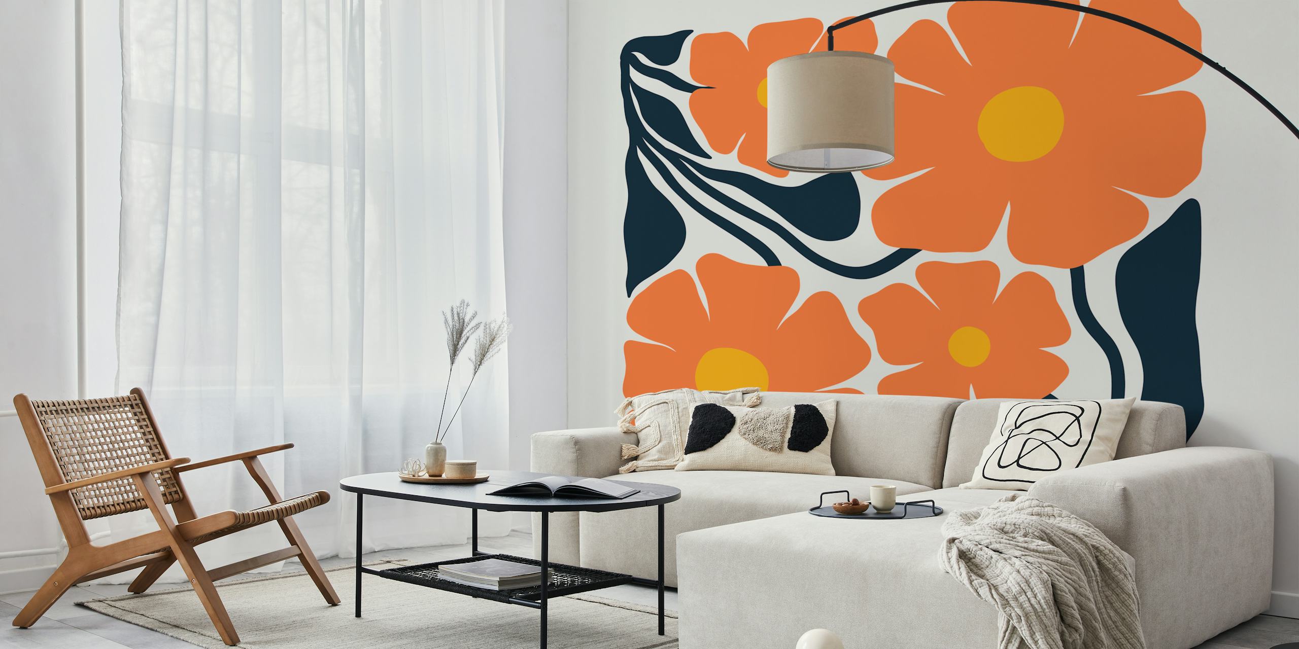 Bold orange floral wallpaper in a room