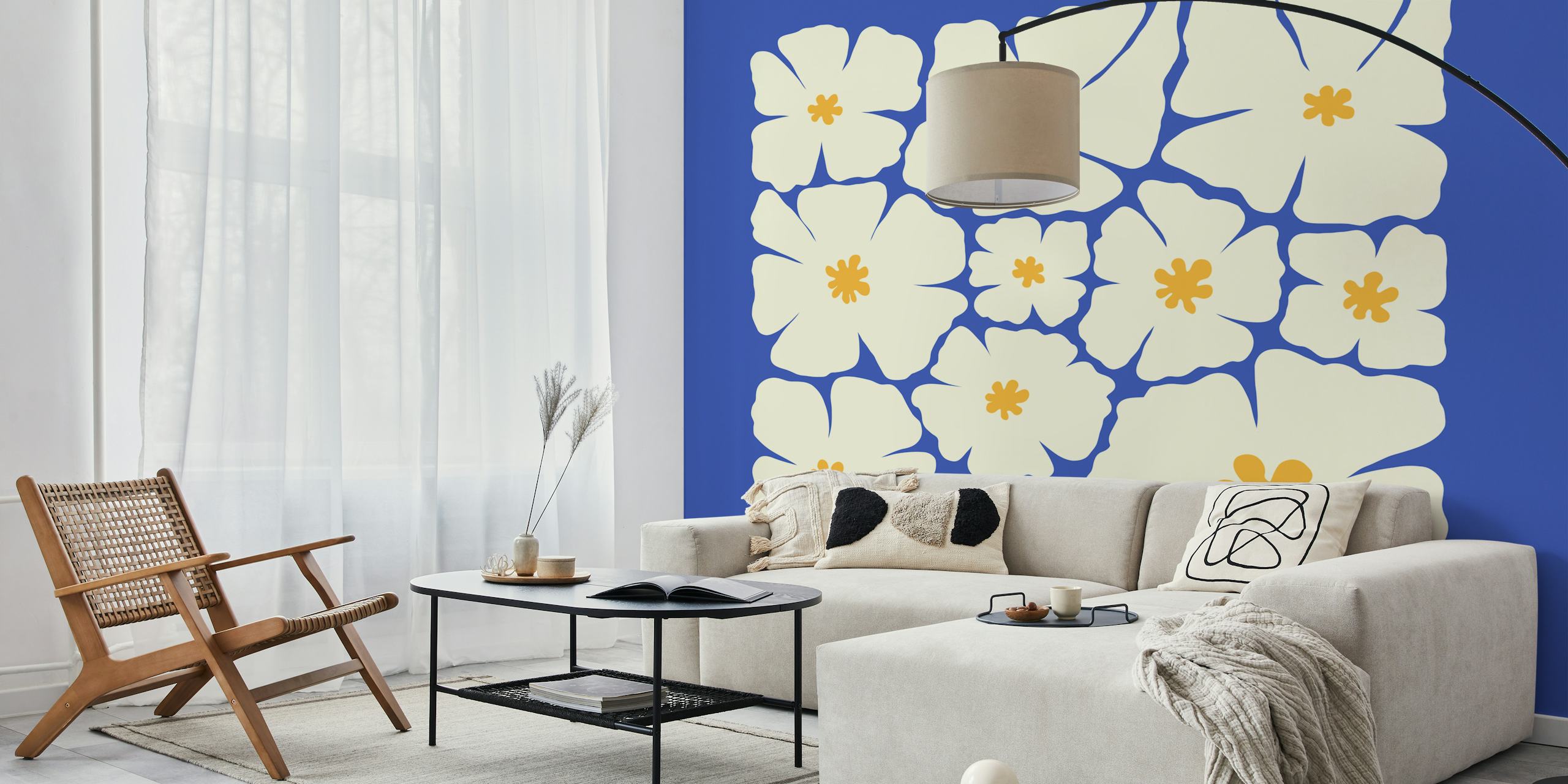 Blue floral wallpaper with cream and yellow flowers