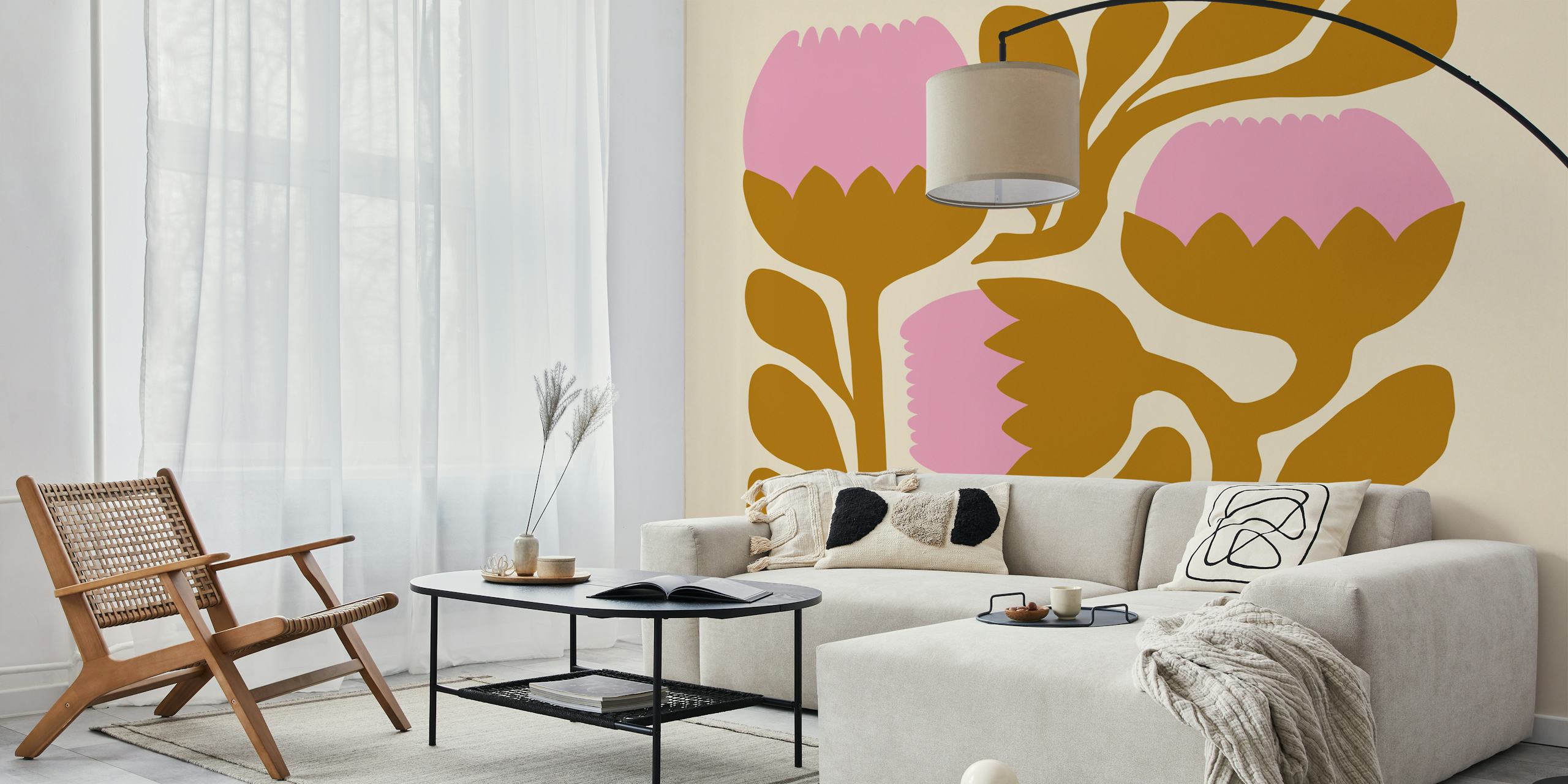 Retro Floral Blooms wallpaper displayed in a room
