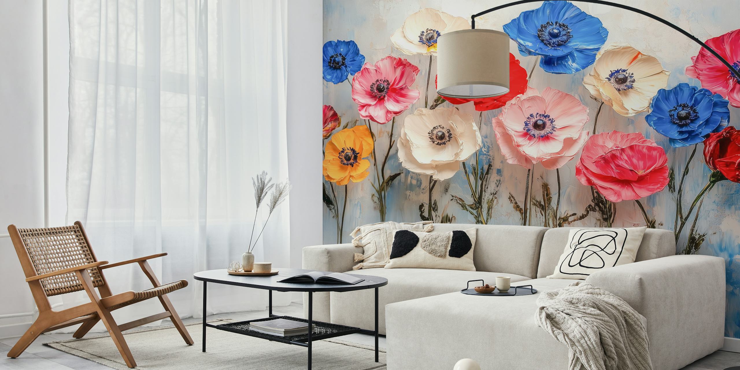 Colorful flowers including red, pink, blue, and white on a textured background wall mural