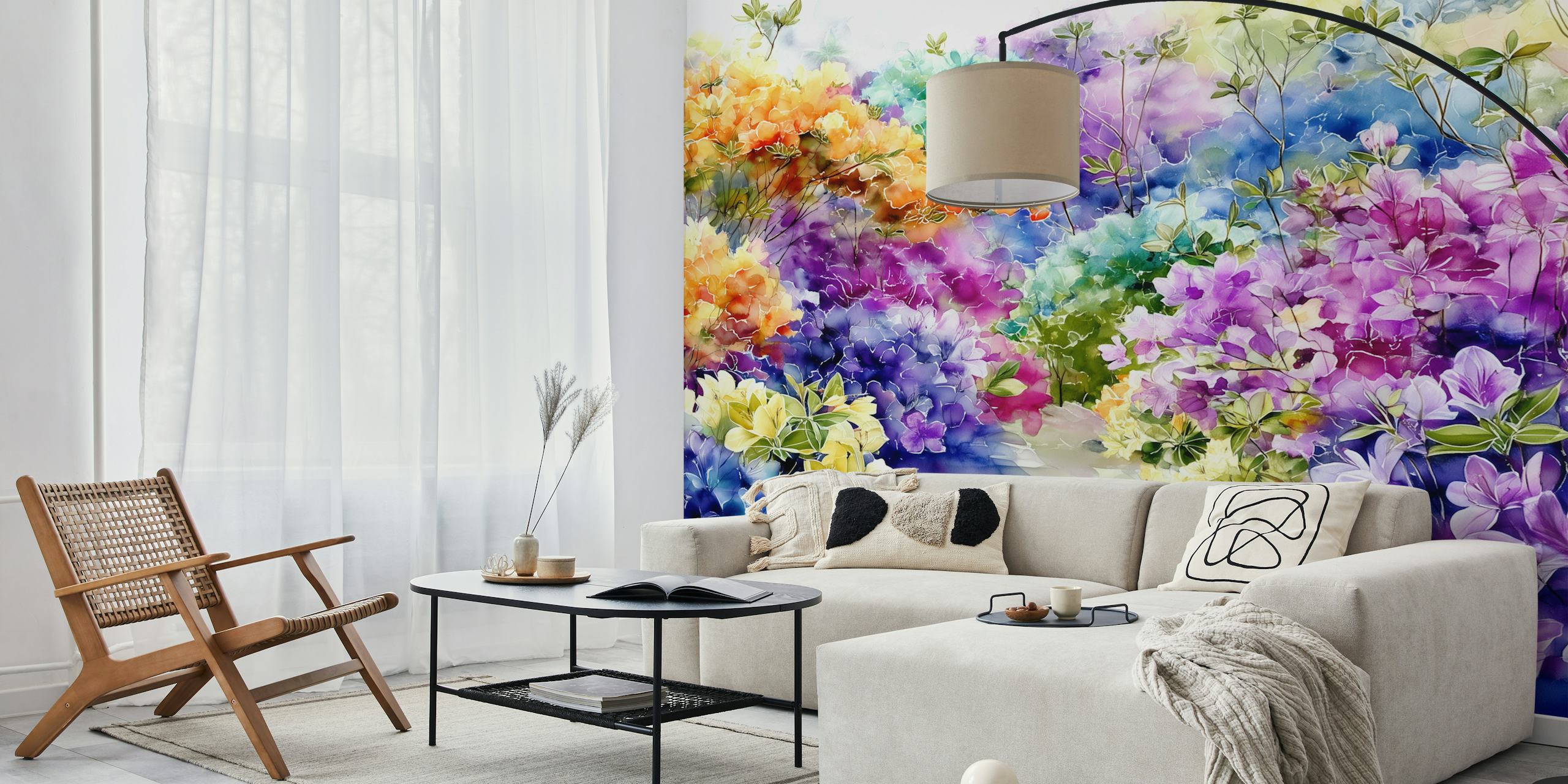 Colorful watercolor floral garden wallpaper in bright hues