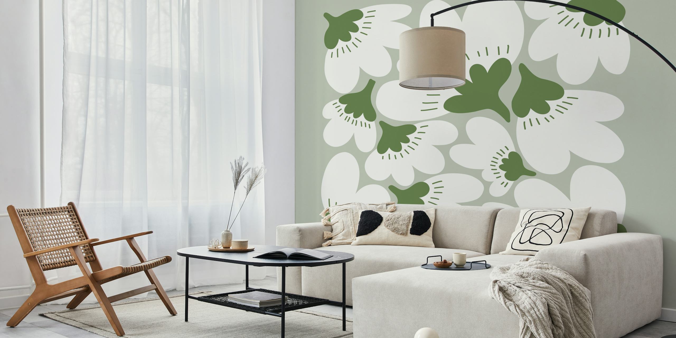 Soft green floral wallpaper in a room