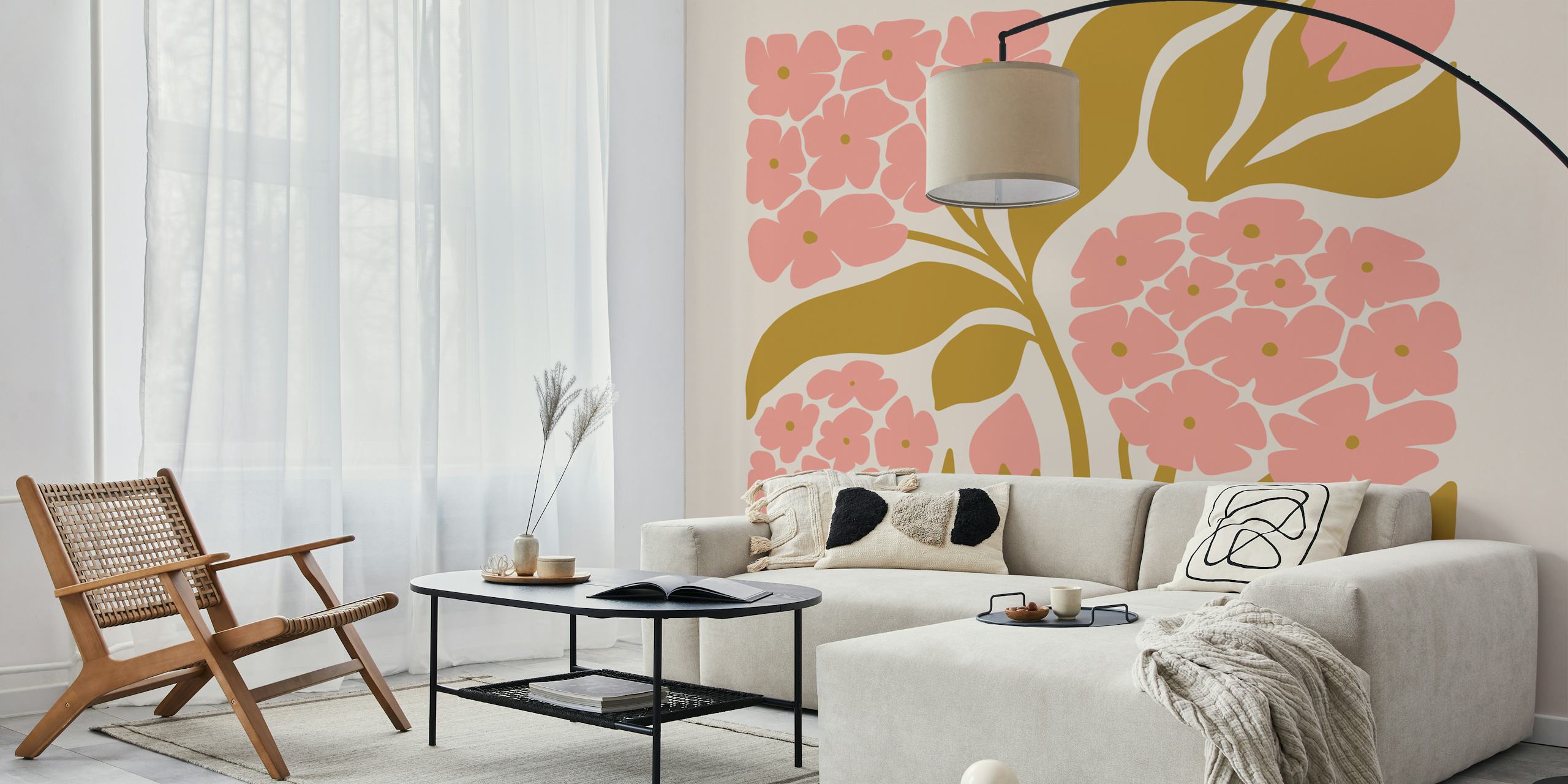 Pink floral patterns with green leaves wallpaper
