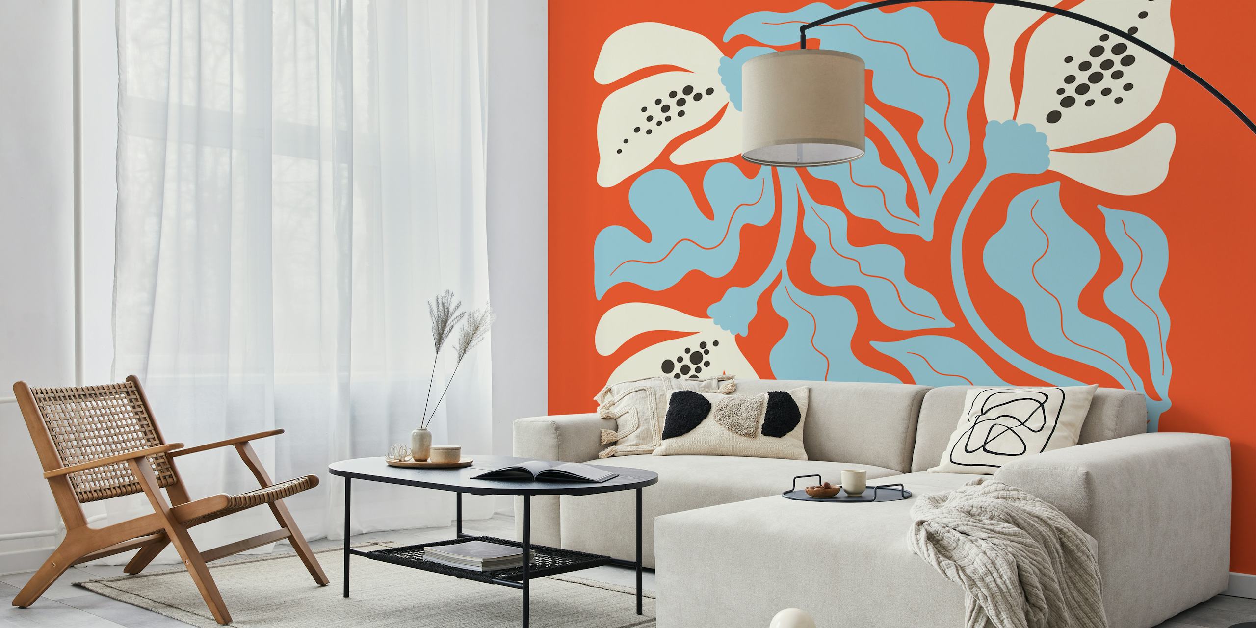 Colorful botanical wallpaper in a room