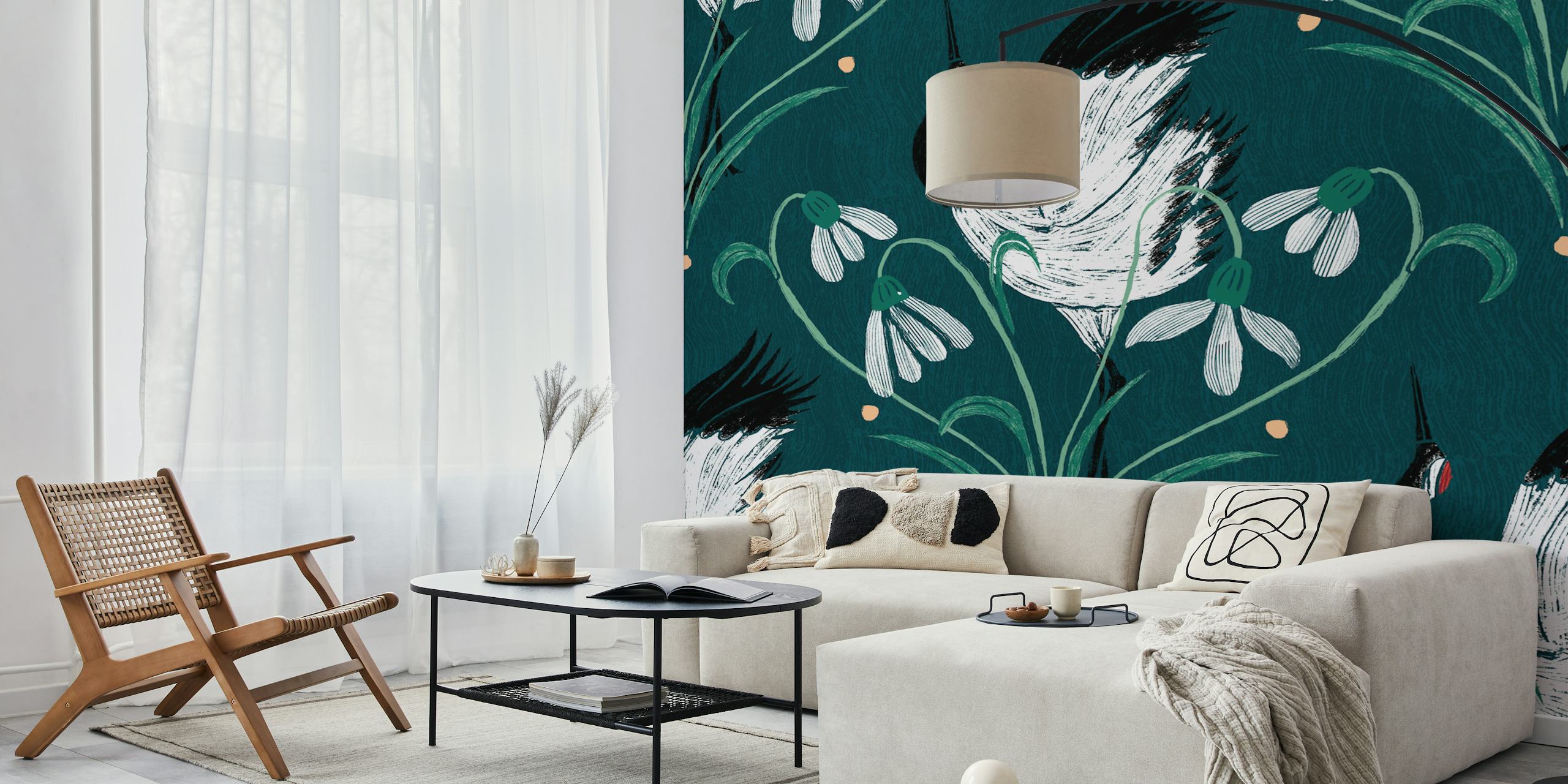 Cranes and floral wallpaper in a room