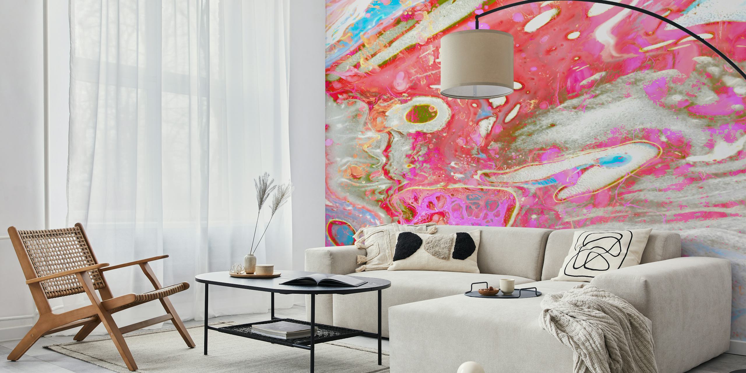 Fuchsia abstract marble pattern wallpaper featuring pink and white swirls