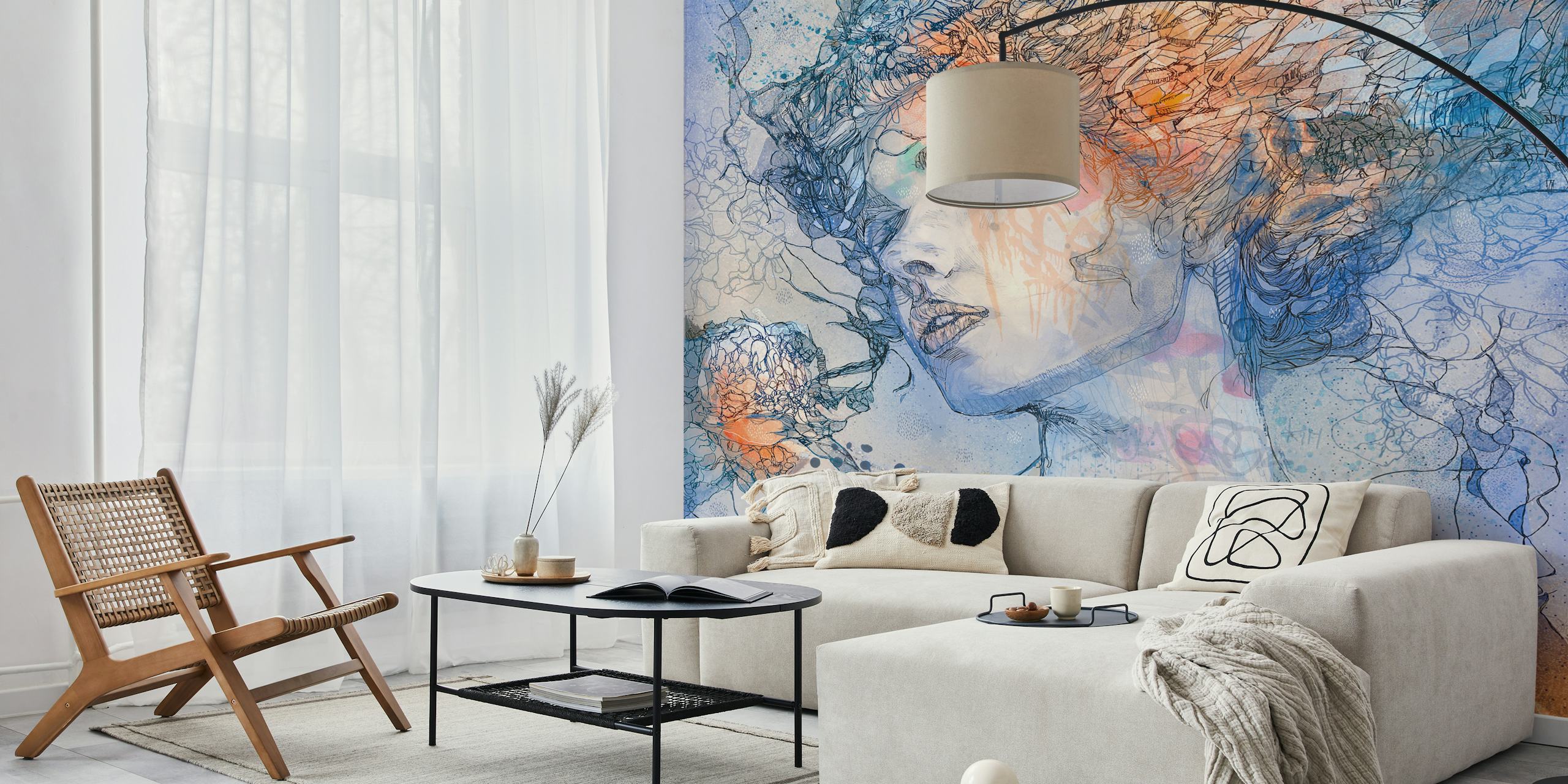 Floral patterns with blue, pink, and abstract detailing wallpaper