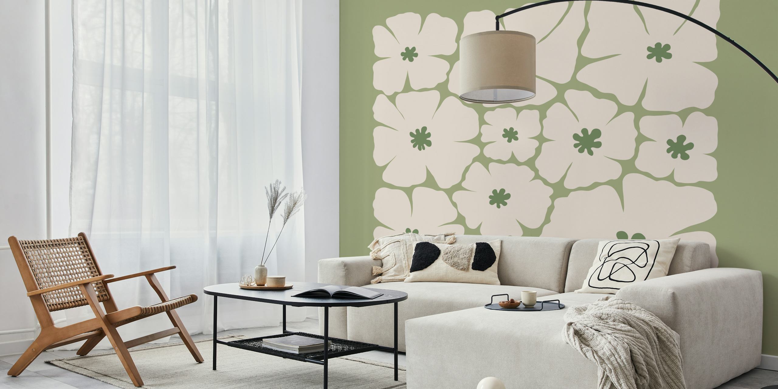 Ivory floral wallpaper on sage green background