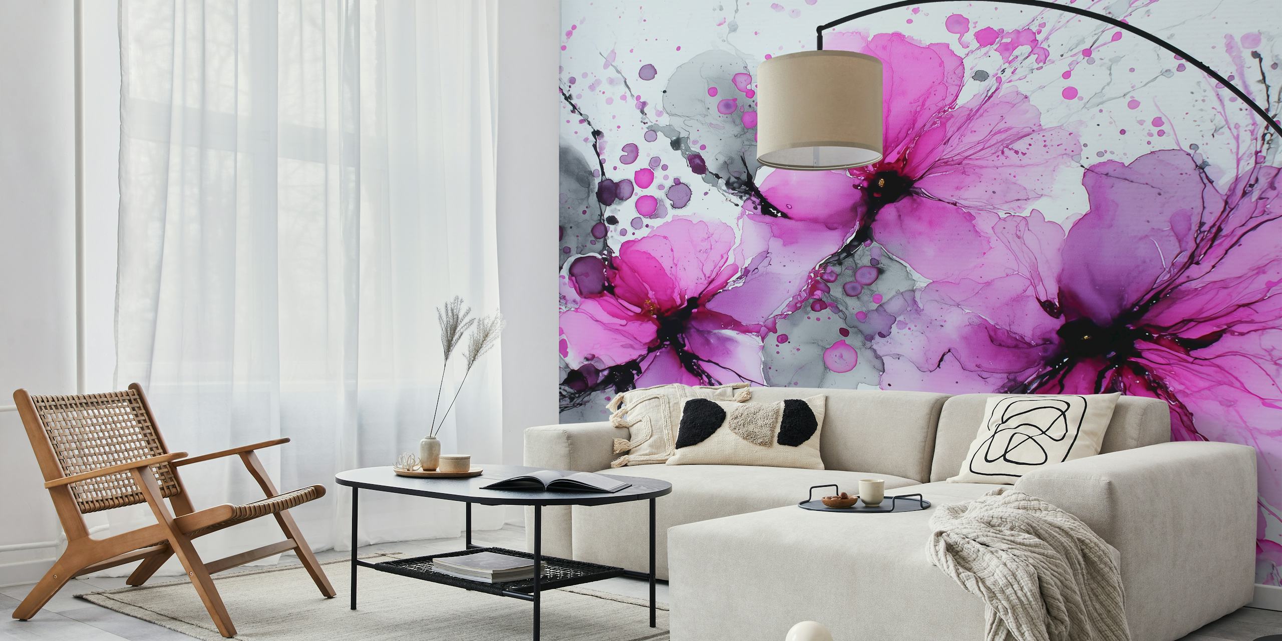 Pink floral ink splatter design featuring gray and black accents wallpaper