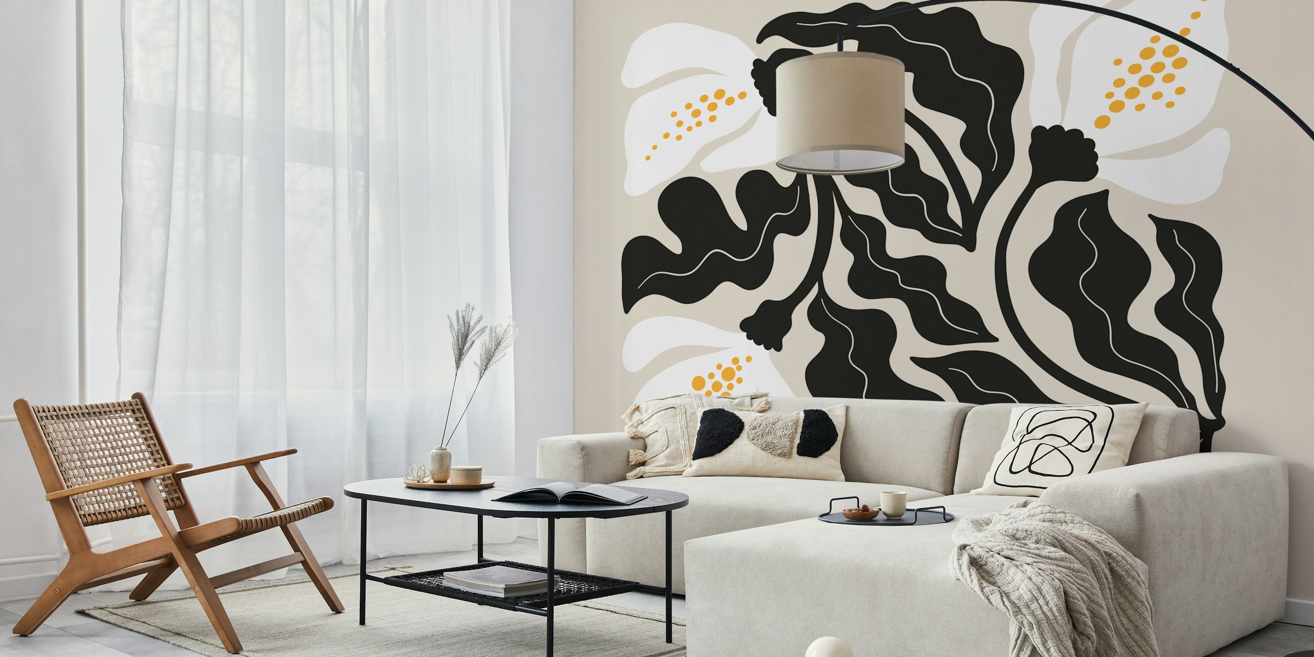 Black and white floral pattern with yellow accents wallpaper