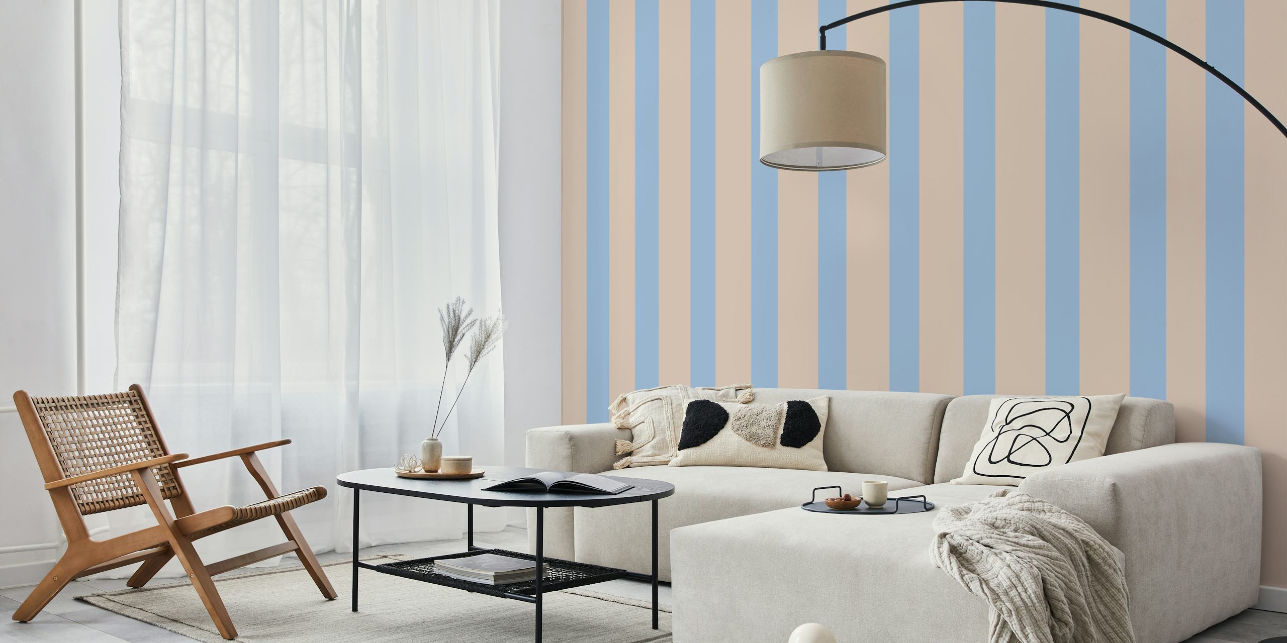 Papel de parede Soft Blue and Beige Lines em um quarto