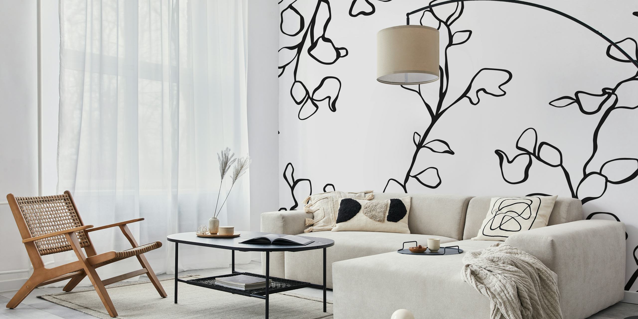 Gentle outline flower mural wallpaper design