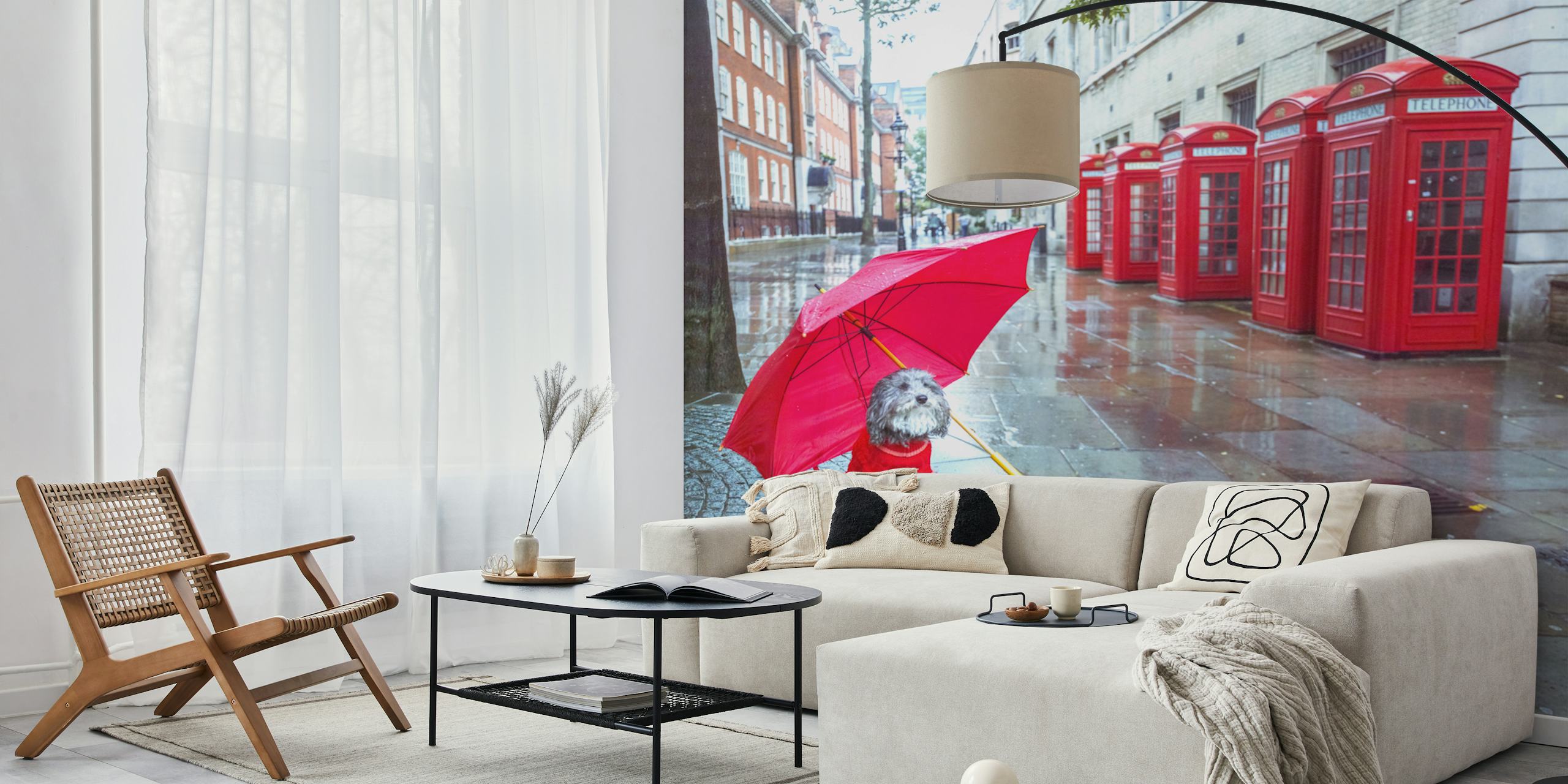 Dog under pink umbrella in London with red phone booths wallpaper