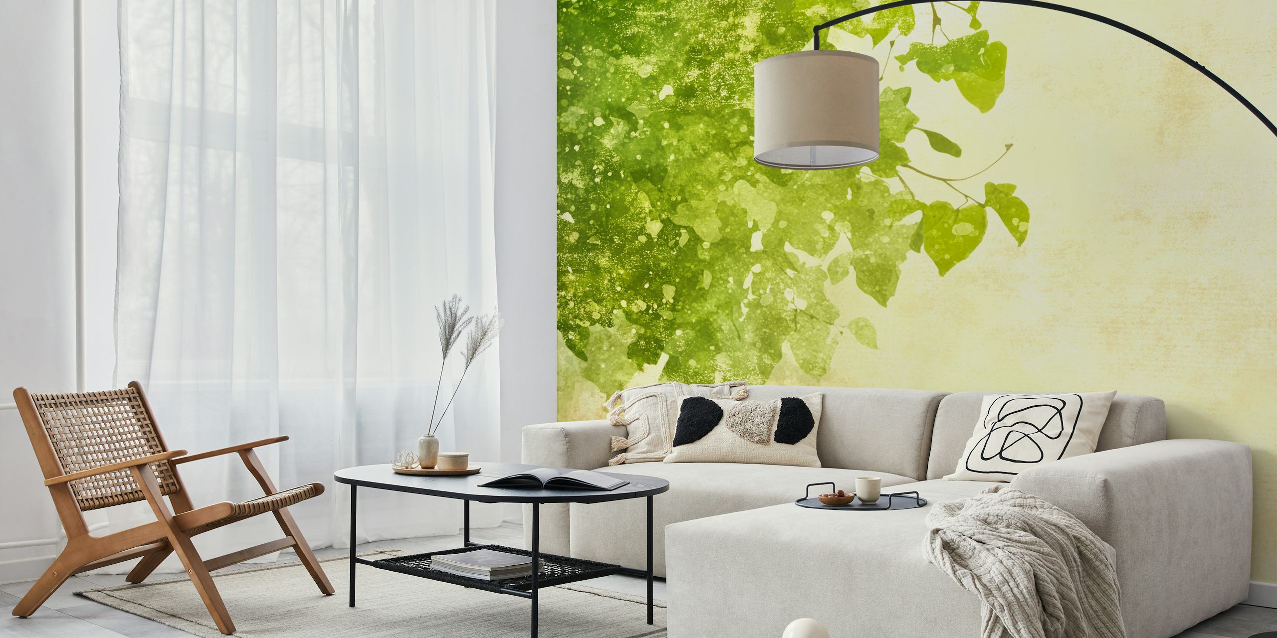 Green leafy foliage on a soft yellow background wallpaper