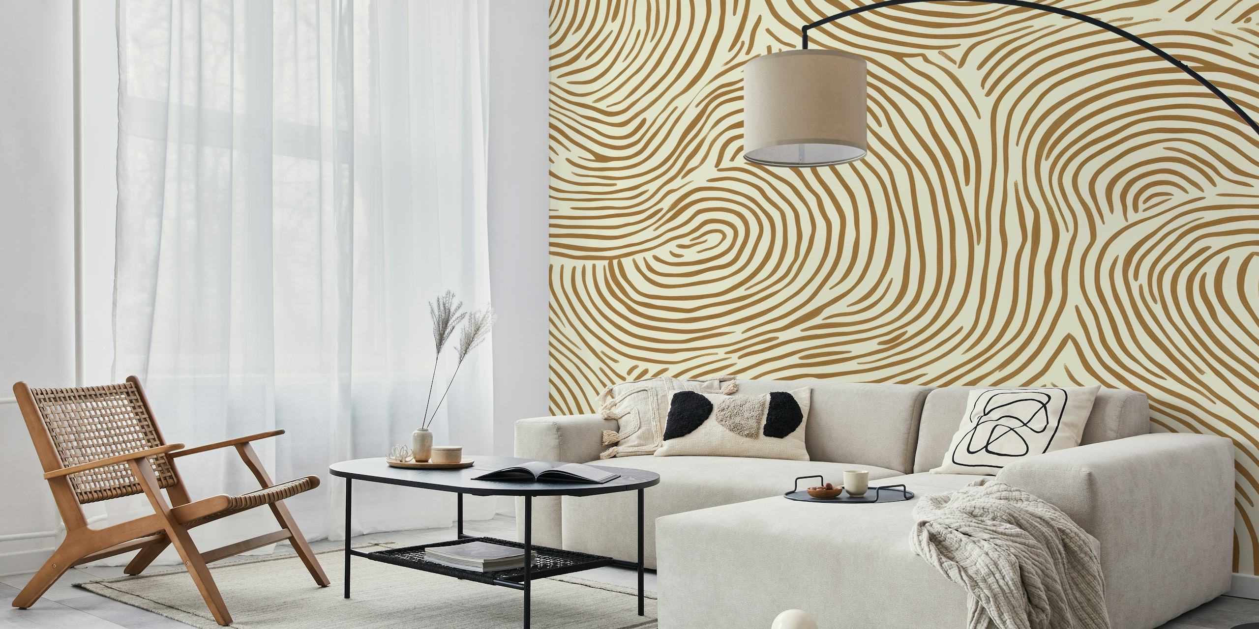 Brown abstract wavy lines on cream background wallpaper