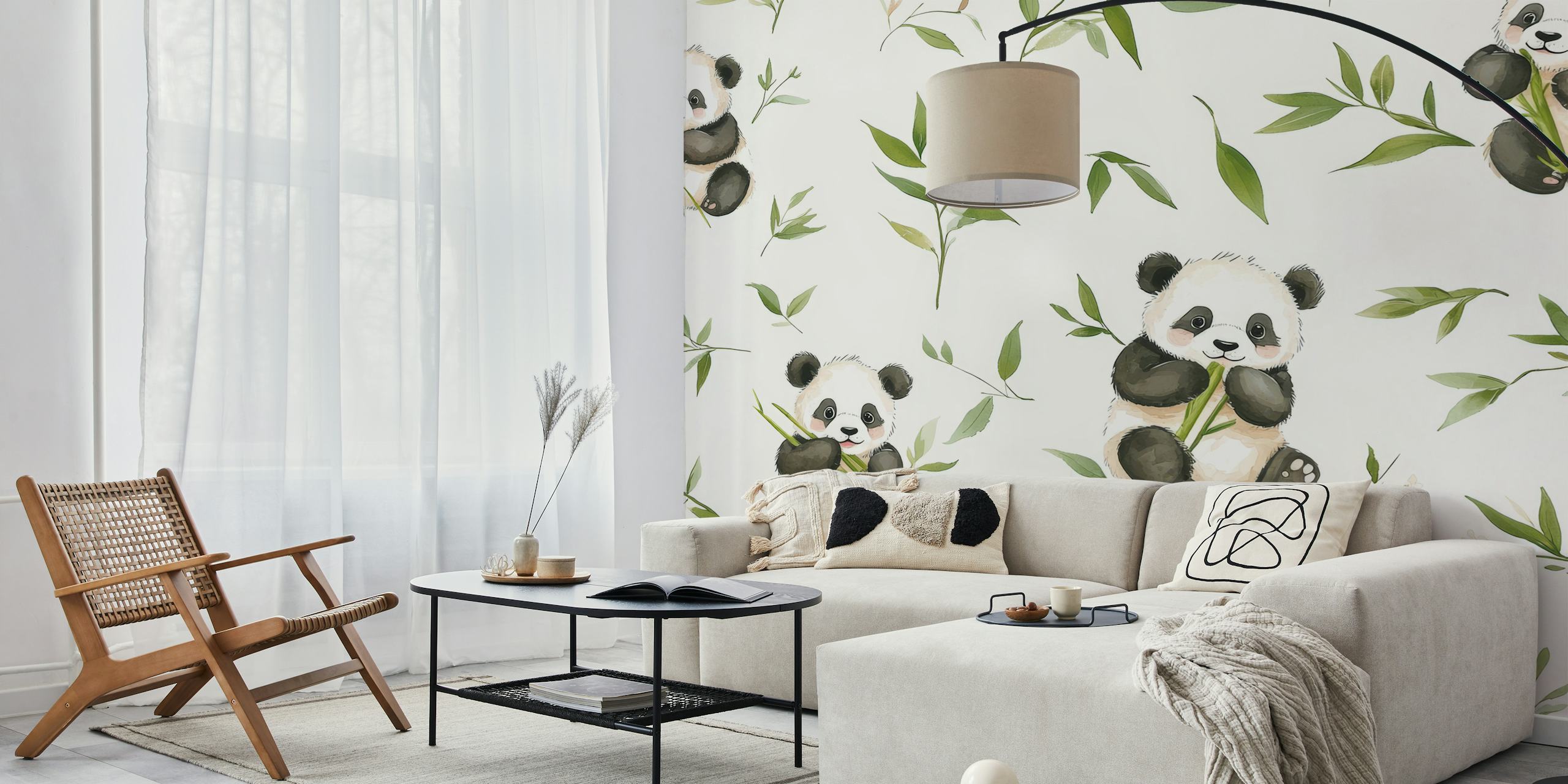 Cute pandas sitting on bamboo with green leaves wallpaper