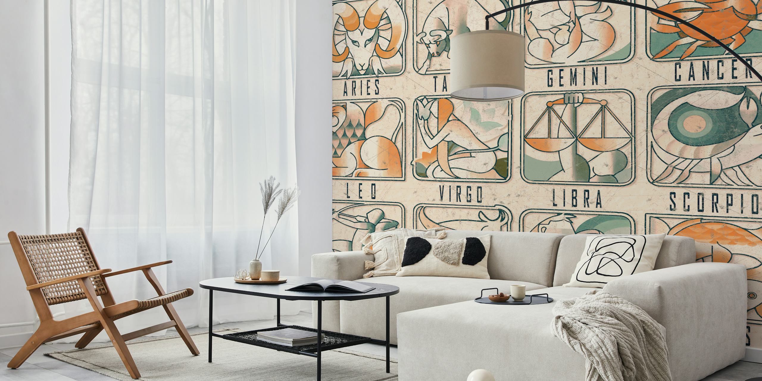 Zodiac signs illustrated in earthy tones on wallpaper