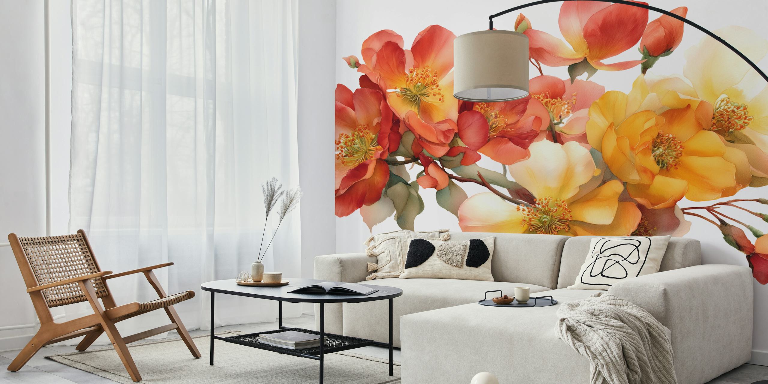 Colorful floral wallpaper featuring orange, yellow, and white flowers