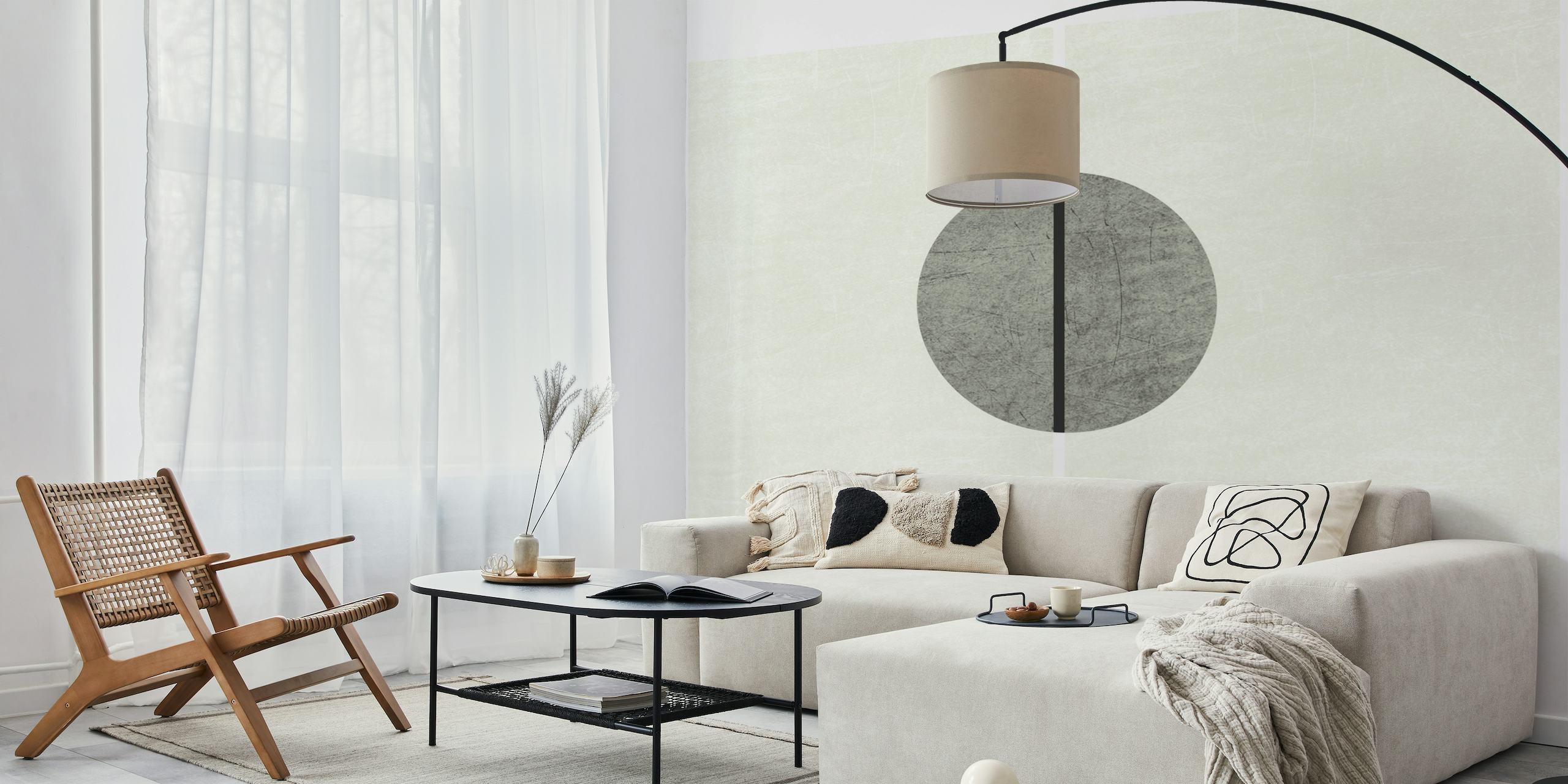 Minimalist rice-paper styled wall mural with a geometric slate circle