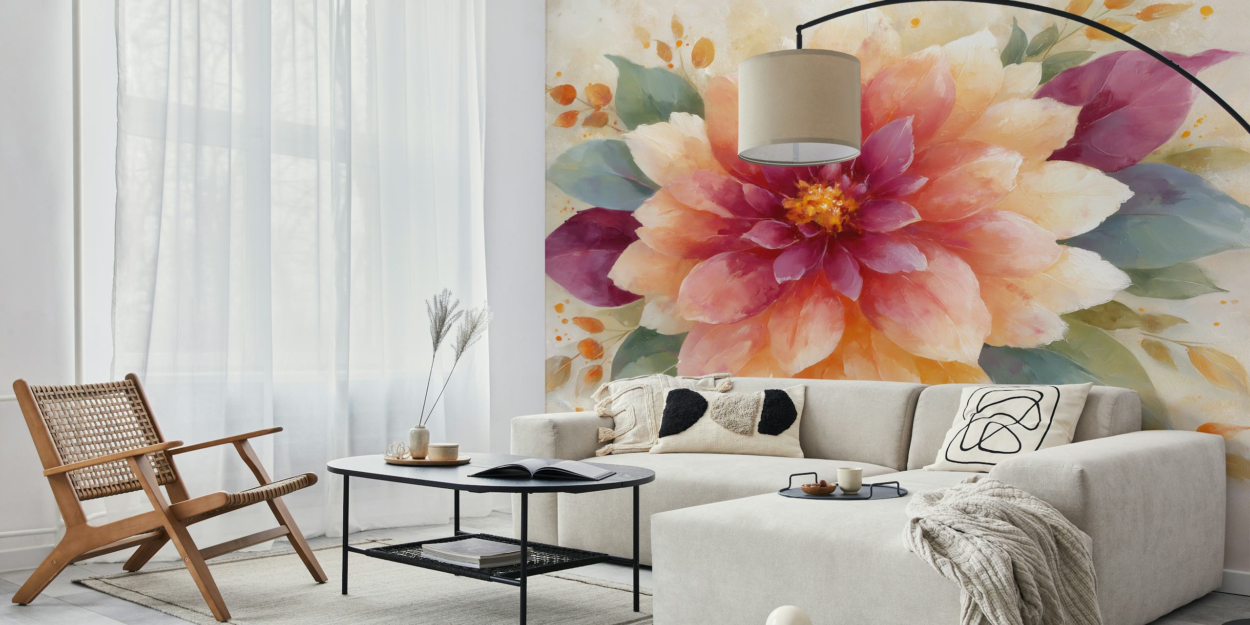 Large blooming flower with shades of pink, peach, green and cream wallpaper