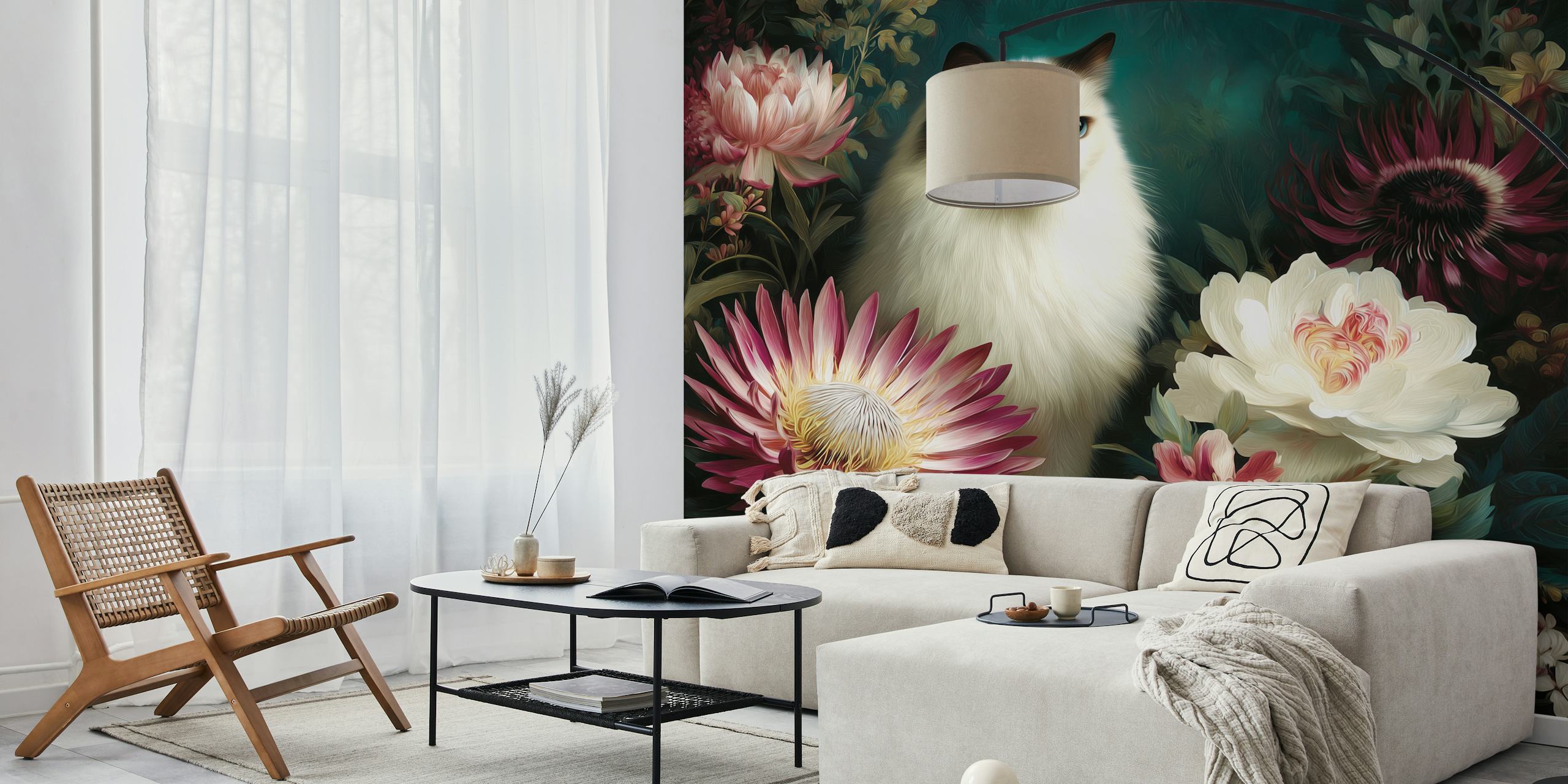 White cat among colorful flowers pink and white floral wallpaper