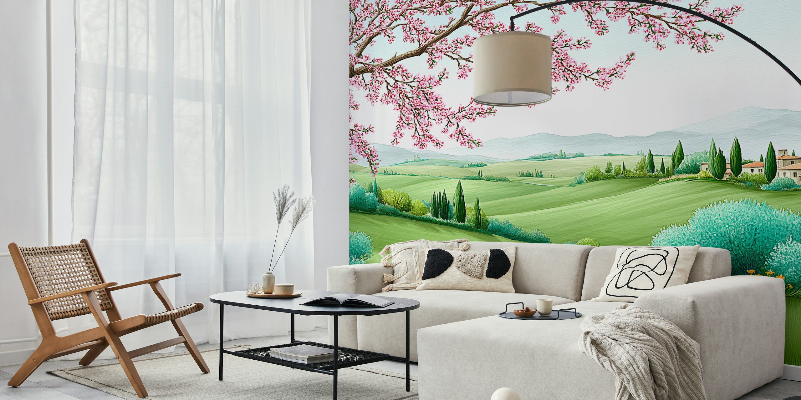 Springtime landscape with pink blossoms and green hills wallpaper