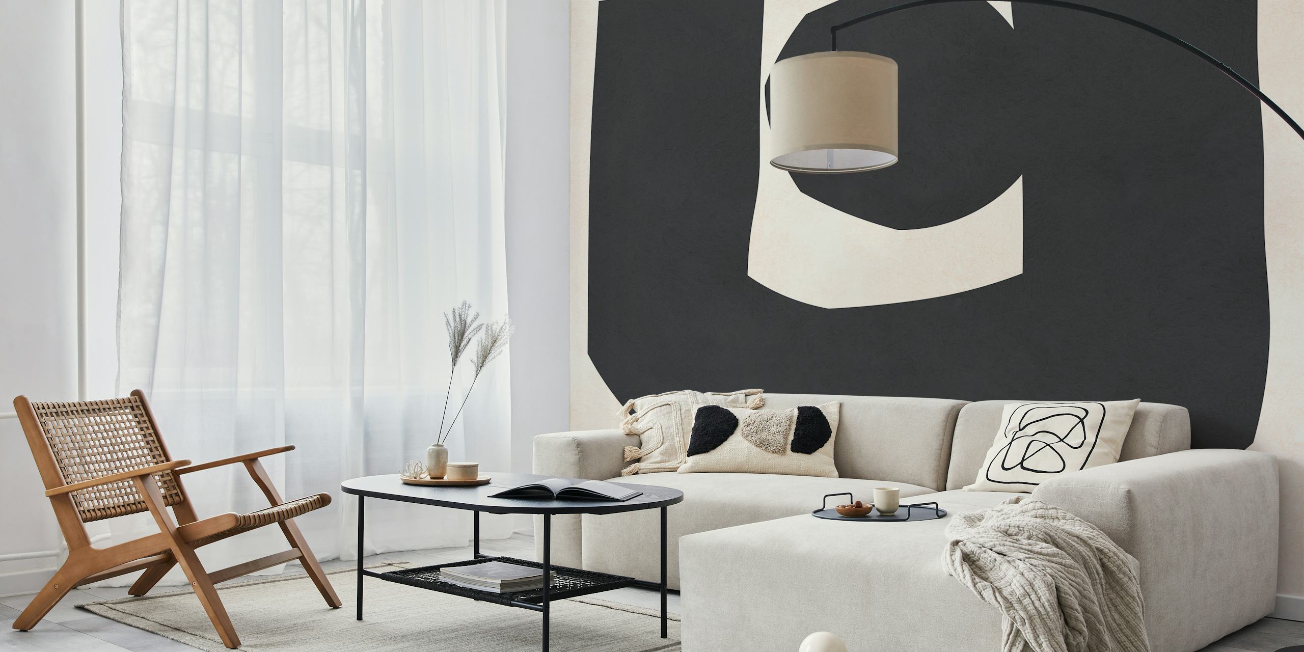 Abstract geometric shapes in black on beige wallpaper