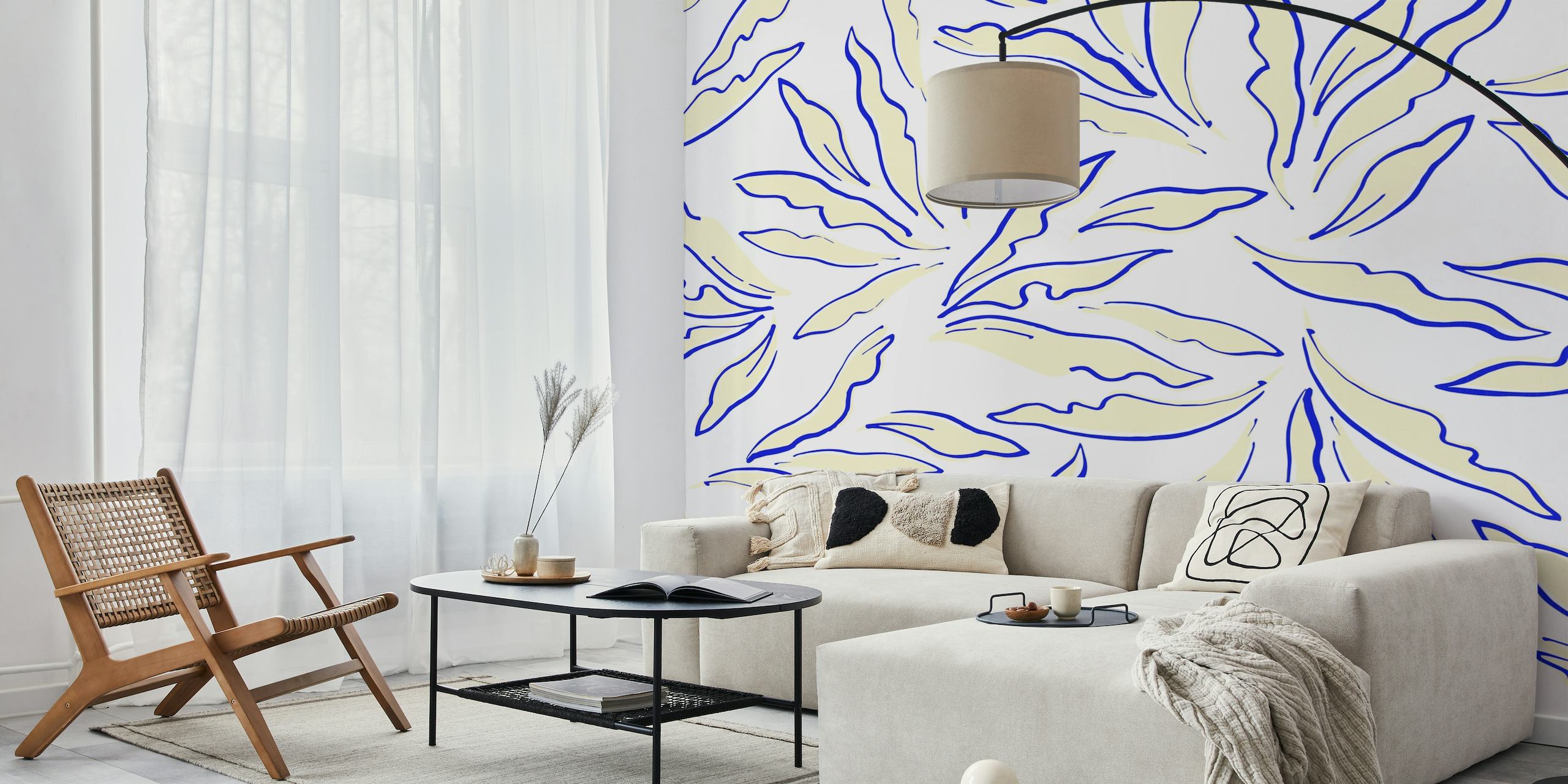 Stylish abstract banana leaf patterns in cream with gold accents on a wall mural